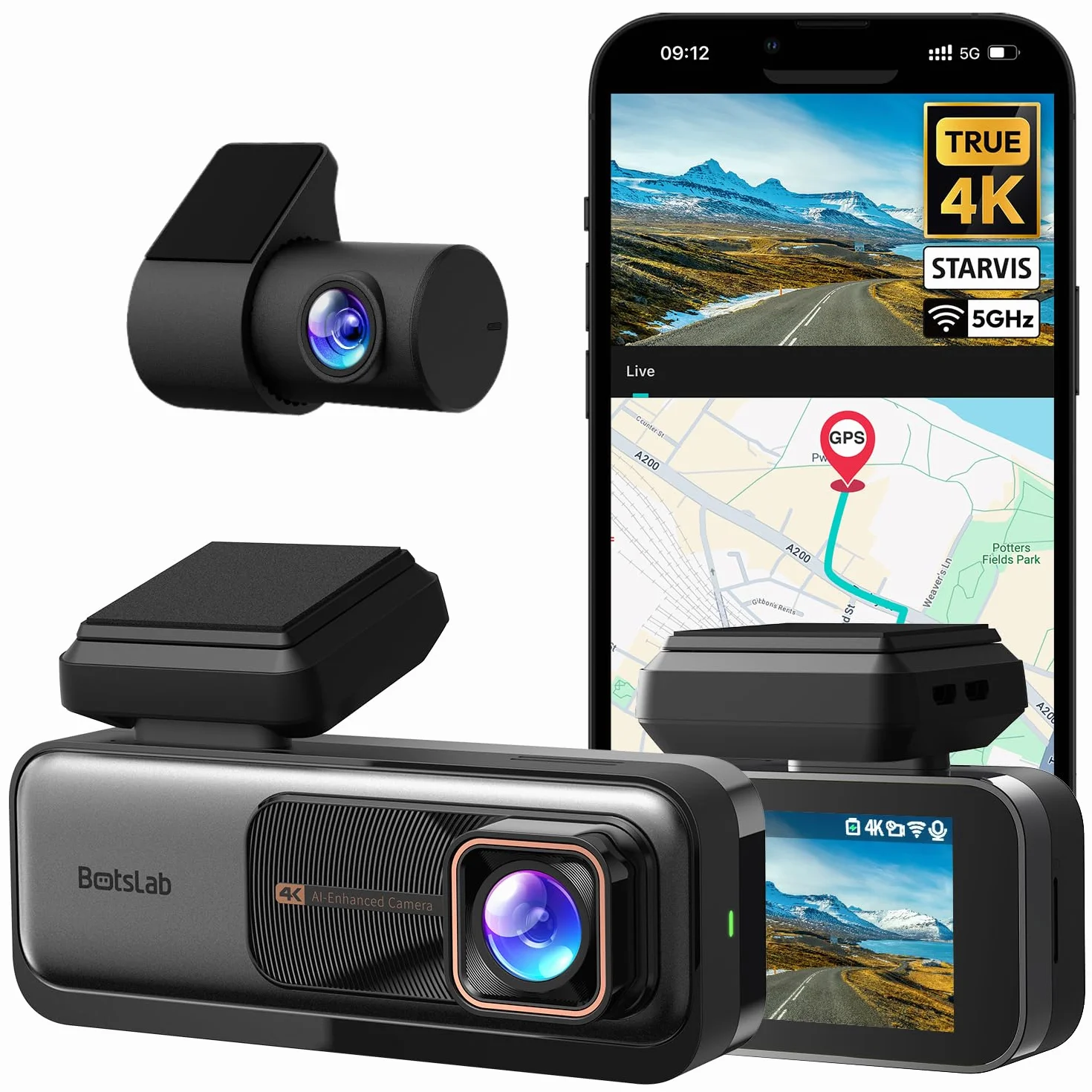 BOTSLAB Dash Cam Auto 4K+1080P con GPS e WiFi, Telecamera Auto Fronte/Retro SD 64GB inclusa, ADAS, Visione Notturna, Grandangolo 170°WDR, IPS da 2,45",Registrazione in Loop, Parcheggio 24 (G980H)