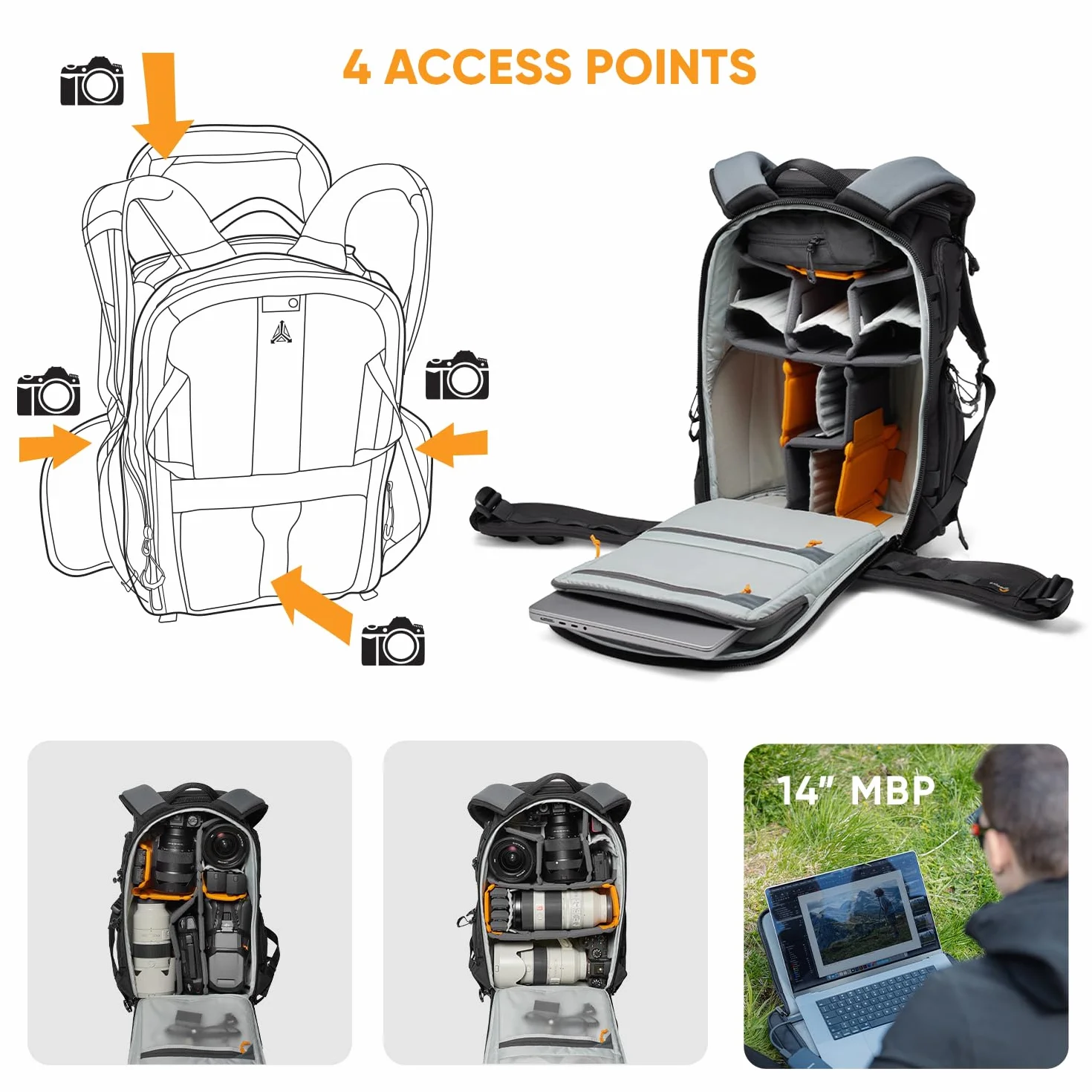 Lowepro ProTactic BP 350 AW III Zaino Professionale per Fotocamera, Accesso Multiplo, DSLR/Droni/Mirrorless, Laptop fino a 14', Copertura Antipioggia, per Fotografi e Videografi, Capacità 17L