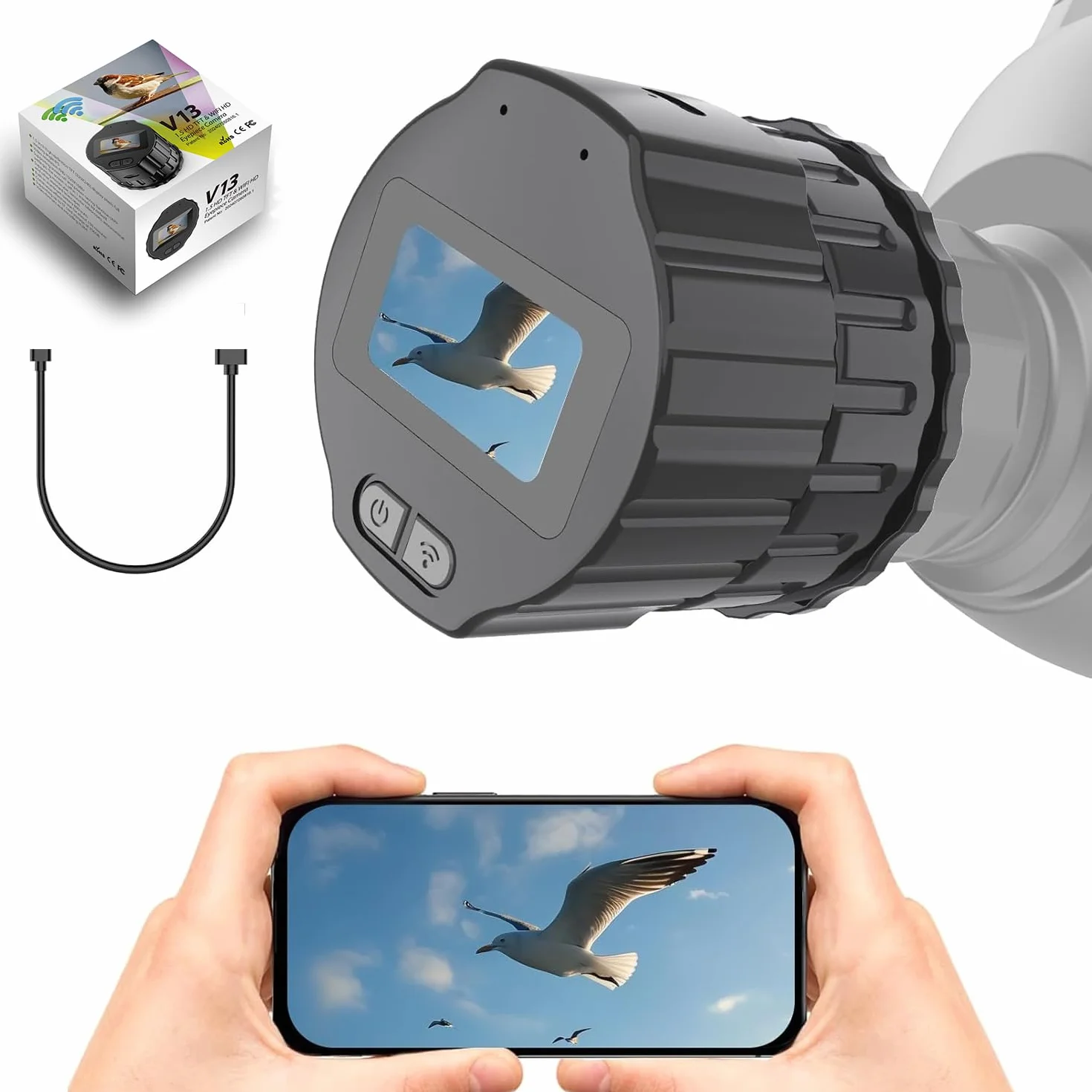 Telecamera elettronica WiFi per telescopio con schermo da 1,5 pollici, video 2,5K, 1920 x 1080 pixel, adatta per microscopio ottico da 24-50 mm e binocolo monoculare, con scheda di memoria da 64 GB