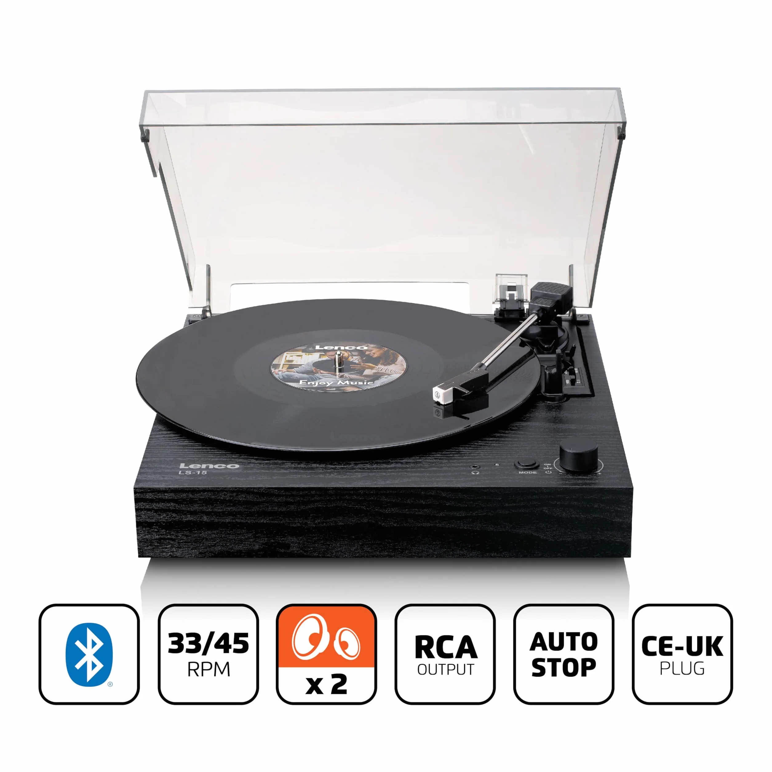 Lenco LS-15BK Giradischi Bluetooth 2 Altoparlanti Integrati Pickup AT3600L Cinghia Auto-Stop 33/45 Giri AUX RCA Nero