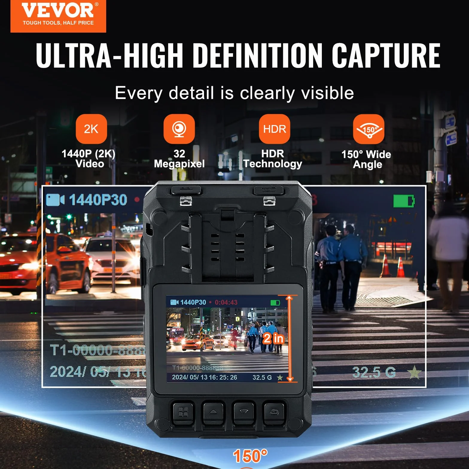 VEVOR Telecamera per Corpo della Polizia HD 1440P, 64 GB Audio Video, Batteria Integrata da 3500 mAh, LCD 5 cm, Visione Notturna Infrarossi, Telecamera Corpo Personale Impermeabile Forze dell'Ordine