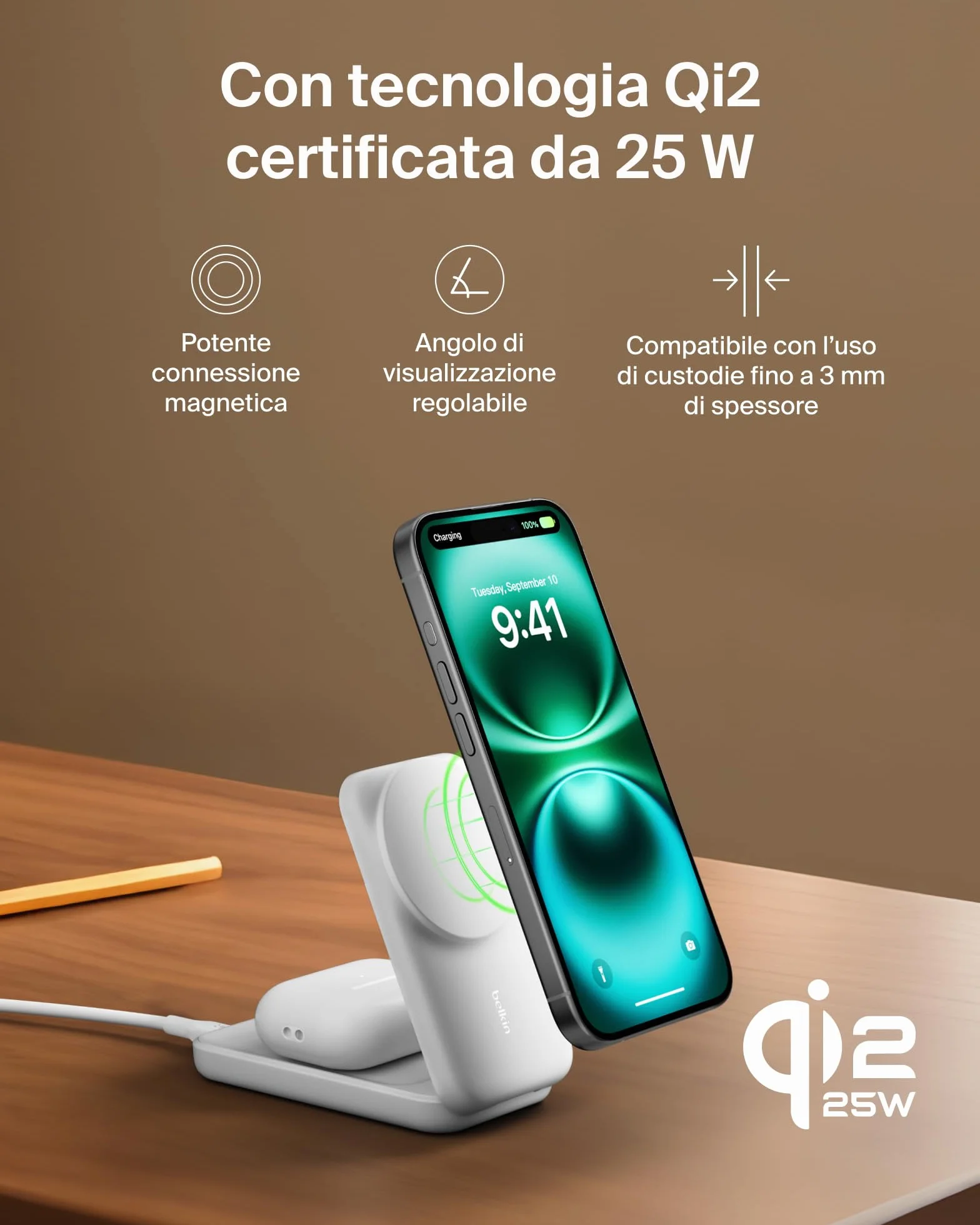 Belkin UltraCharge Caricatore iPhone Qi2, Stazione di Ricarica Wireless 2 in 1 25W, Caricatore Wireless Compatibile con MagSafe per iPhone, AirPods, Pixelsnap con Porta USB-C e Adattatore 45W, Bianco