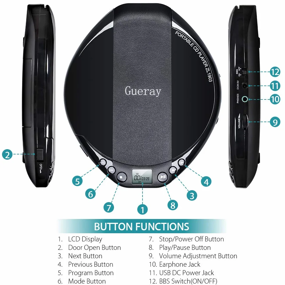 Gueray Lettore CD Portatile Compact Disc Player con Cuffie Aggiornamento Personal CD Music Disc Walkman Player (Nero lettore cd)
