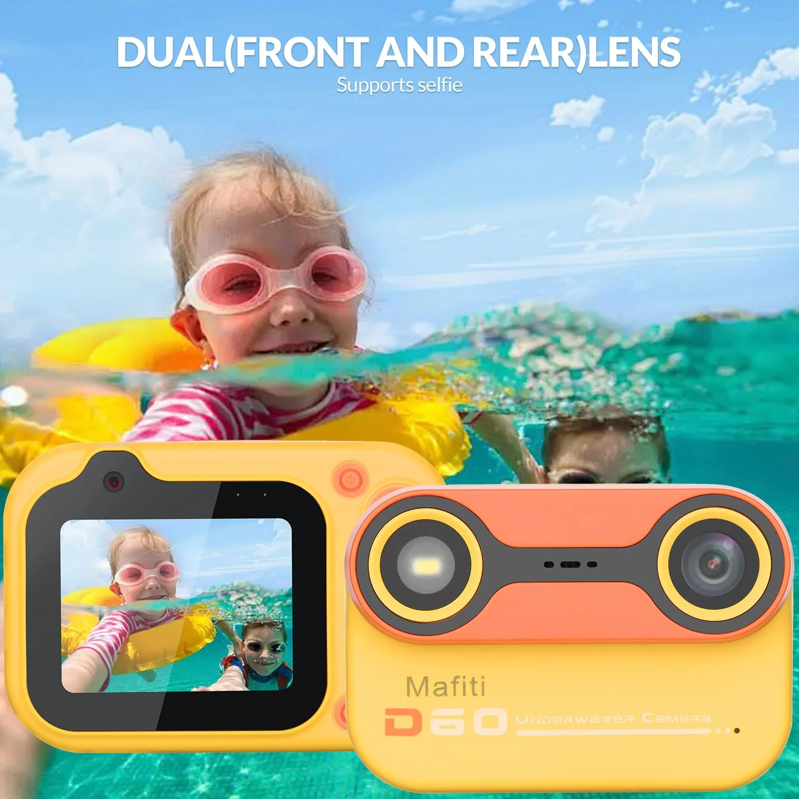 Mafiti Kids Fotocamera digitale impermeabile Fotocamera subacquea per snorkeling e immersioni con display IPS da 2,4" Fotocamera digitale ricaricabile tramite USB (Arancione)