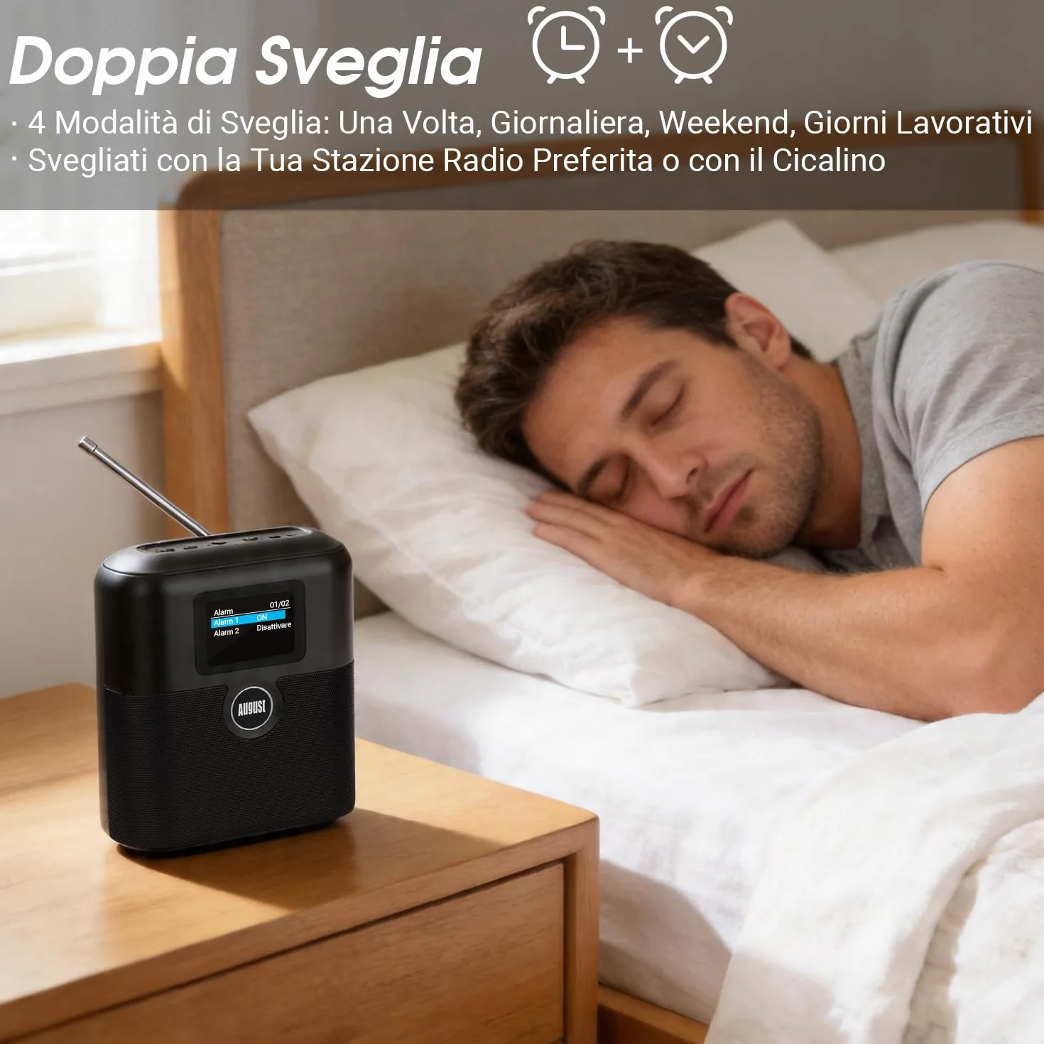 August MB330 Radio DAB Portatile con Bluetooth - DAB/DAB+/FM Radio Digitale, USB Ricaricabile Doppio Radiosveglia, 60 Preset,Timer Spegnimento,AUX In/Out,EQ,Display Colori per Cucina, Camera e Outdoor
