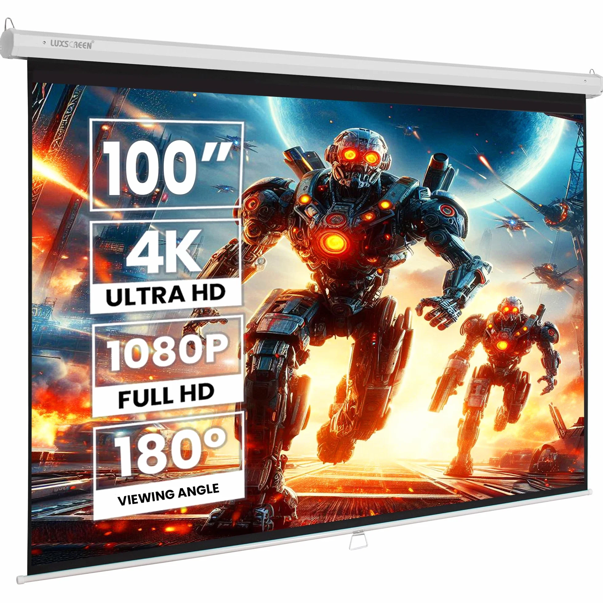 Schermo per proiettore manuale 100 pollici 16:9 Luxscreen, area visibile bianca 220 x 124 cm, richiede uno spazio di installazione di 236 cm, installazione a parete o soffitto