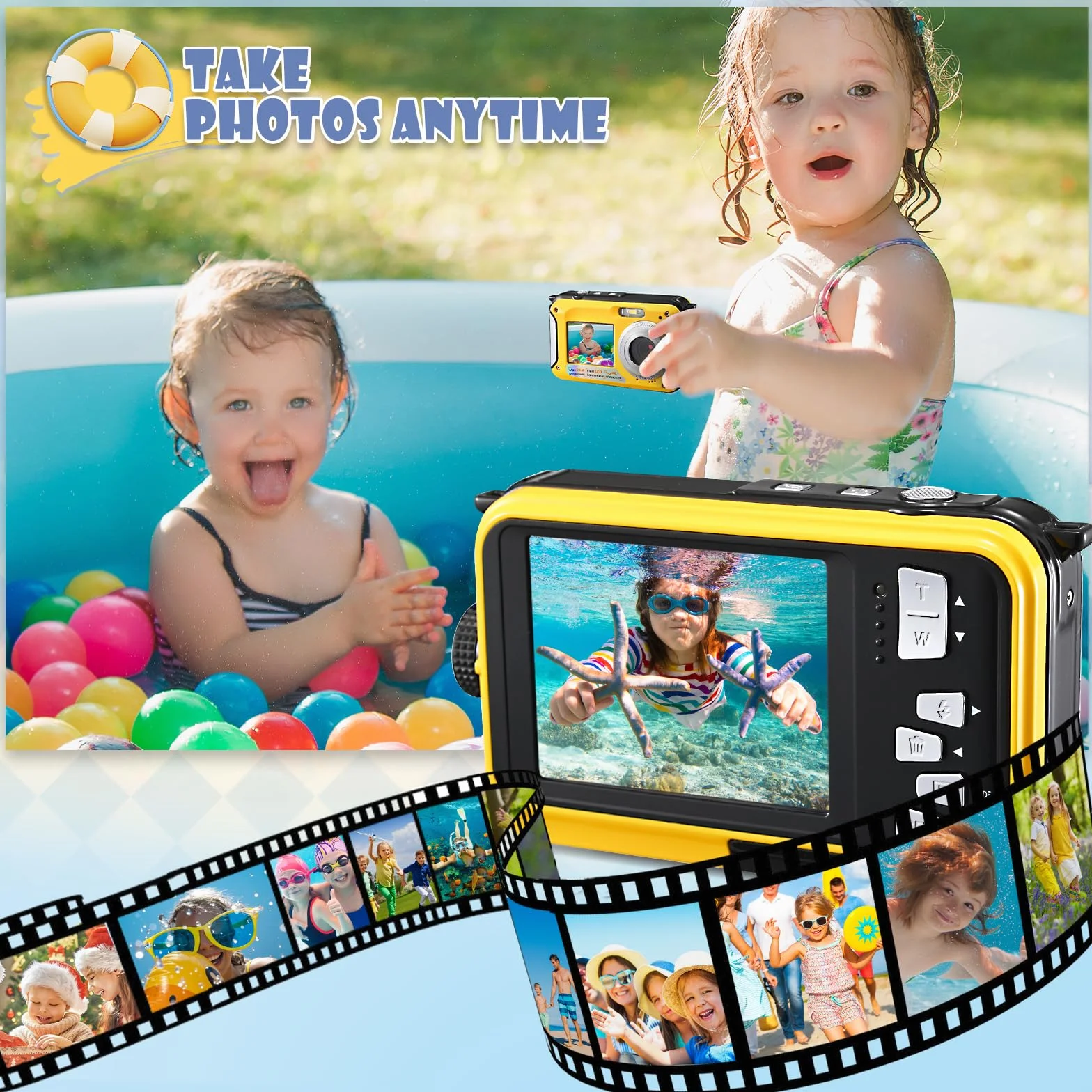Fotocamera Digitale Impermeabile,Couleeur Macchina Fotografica Subacquea Full HD 2.7K 48MP Doppio Schermo Anti-Shake con Microfono LED Autoscatto e Zoom Digitale 16X per Bambini Adolescenti(giallo)