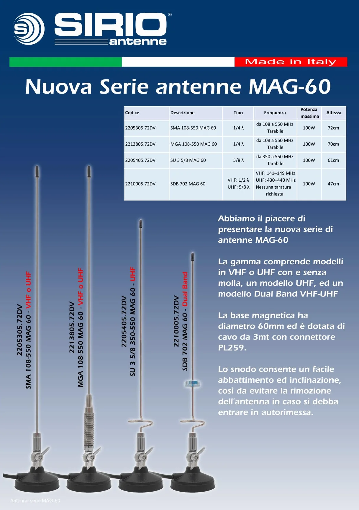 SIRIO ANTENNA CON BASE MAGNETICA IN VERSIONE VHF - UHF e DUAL BAND VHF-UHF ATTACCO PL-259 (2213805.72DV)