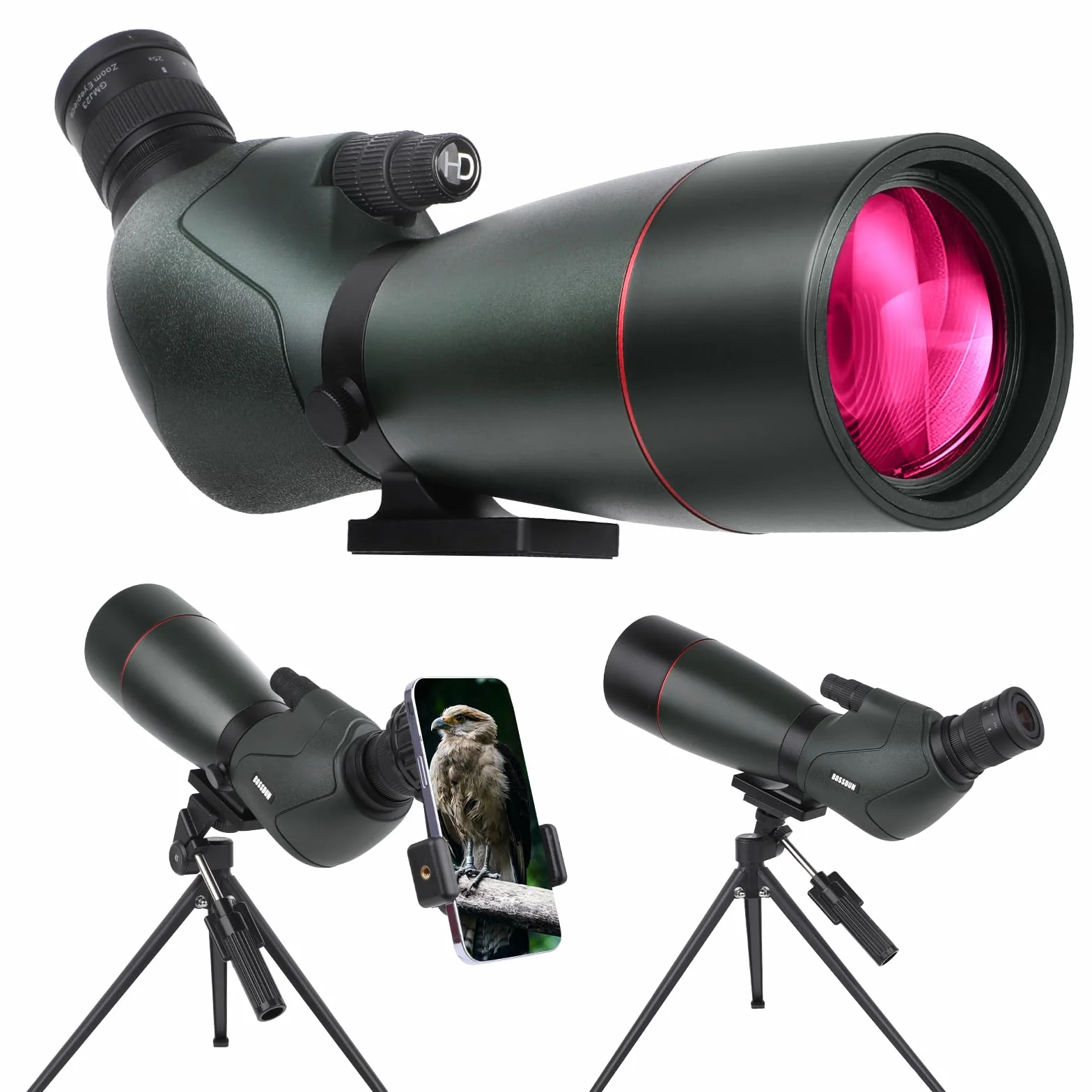 Cannocchiale,telescopio impermeabile con treppiede con prisma BAK4, adattatore per telefono, borsa per il trasporto, per l'osservazione degli uccelli e la caccia (MY-GN0039G(25X))
