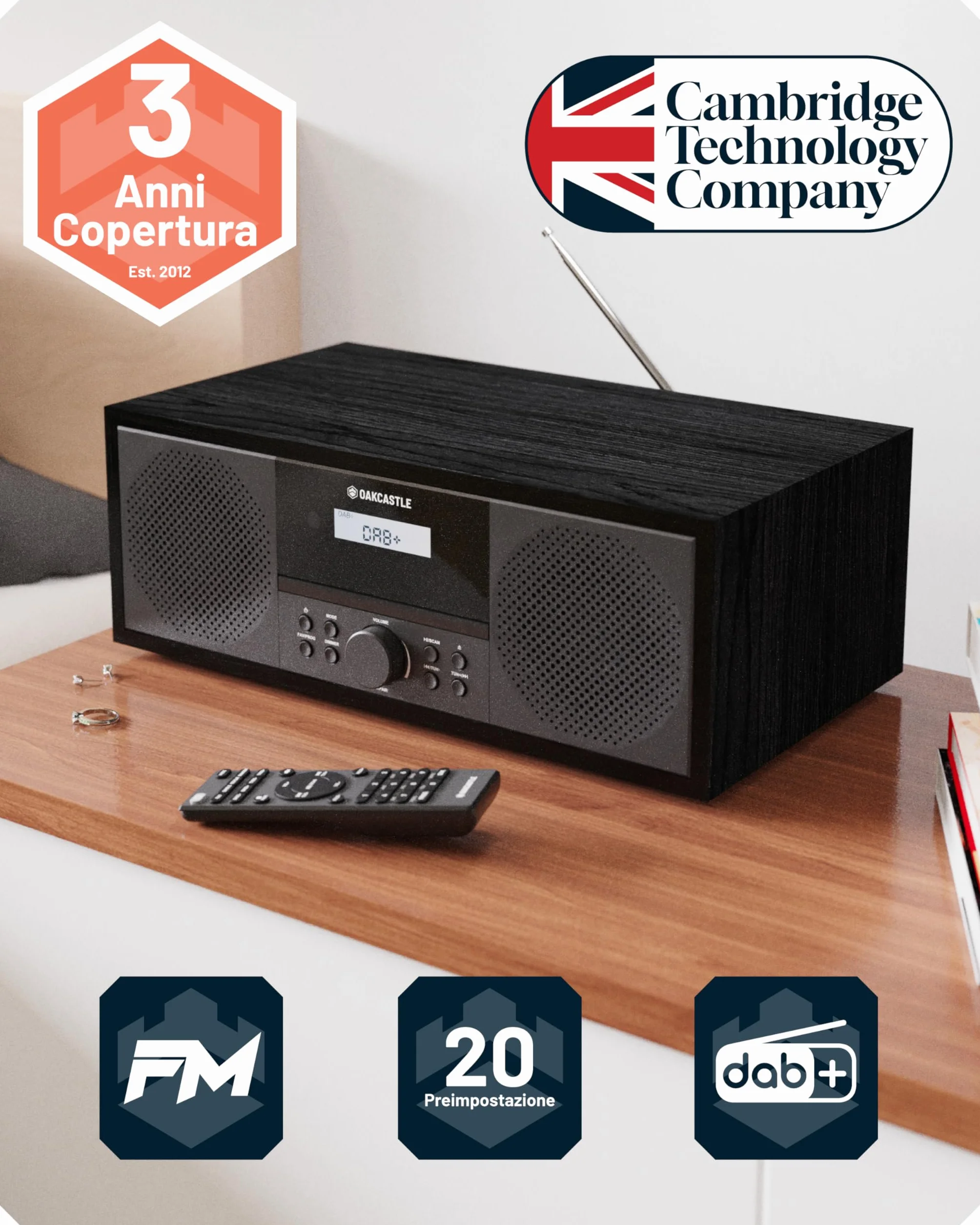 Impianto Stereo Casa 60W | Lettore CD HiFi con Doppio Allarme e 198 Preselezioni | Radio DAB+/FM con Display LCD | Bluetooth, USB, AUX, Telecomando e Altoparlanti Integrati | Oakcastle DAB500