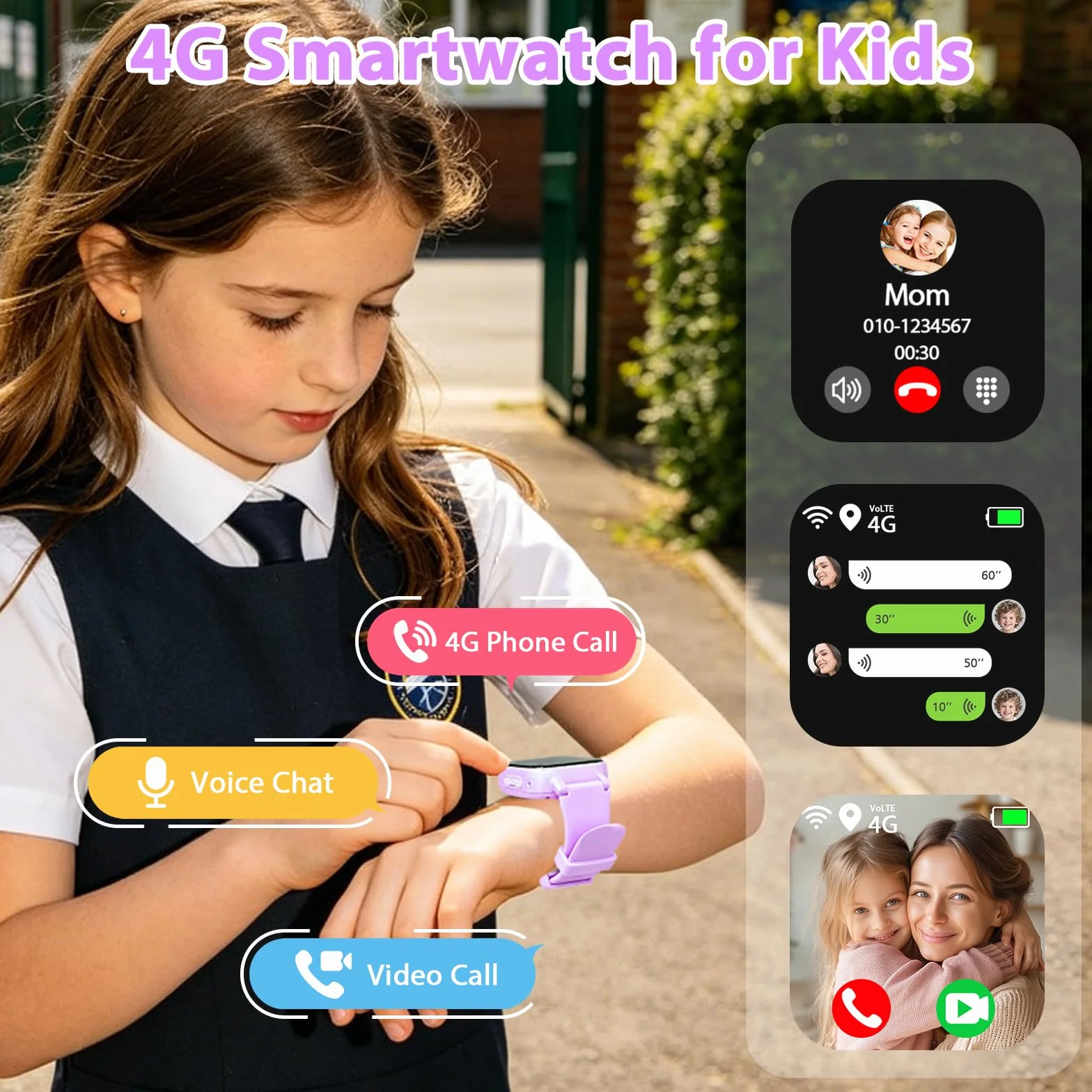 Smartwatch Bambini 4G con Videochiamata, GPS, SOS, Chat Vocale, IP68 Impermeabile, Modalità Classe, Contapassi, Sveglia, Camera, Orologio Smartwatch Regalo per Bambino e Bambina 4-12 Anni (Lila-8A)