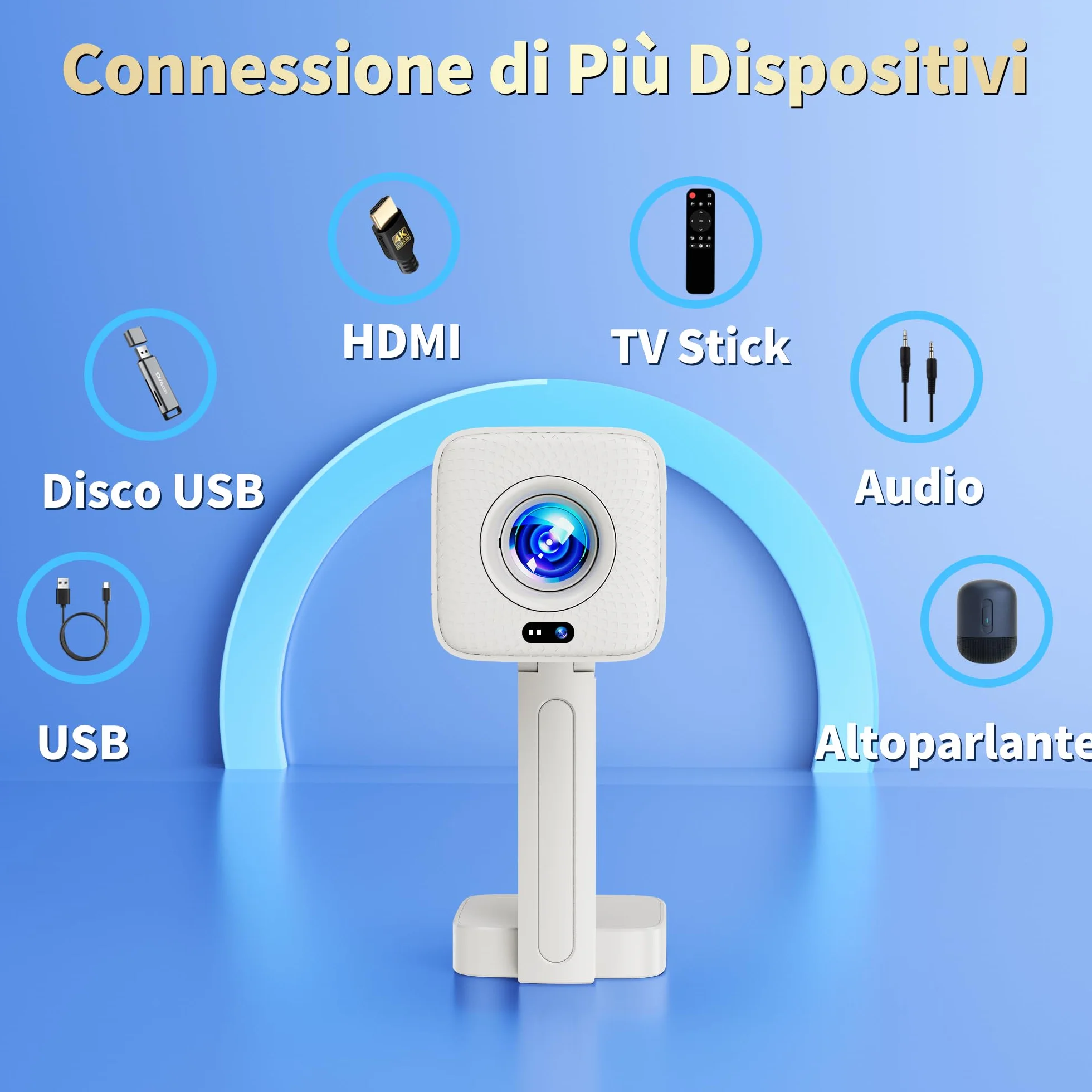 Mini Projector 4K【App integrata& Auto Focus Auto Keystone】Support 1080P, Mini Proiettore con WiFi 6 e Bluetooth 5.4 e Rotabile 90°, Portable Projector per Home Theater con HDMI/TV Stick/Laptop- Bianco