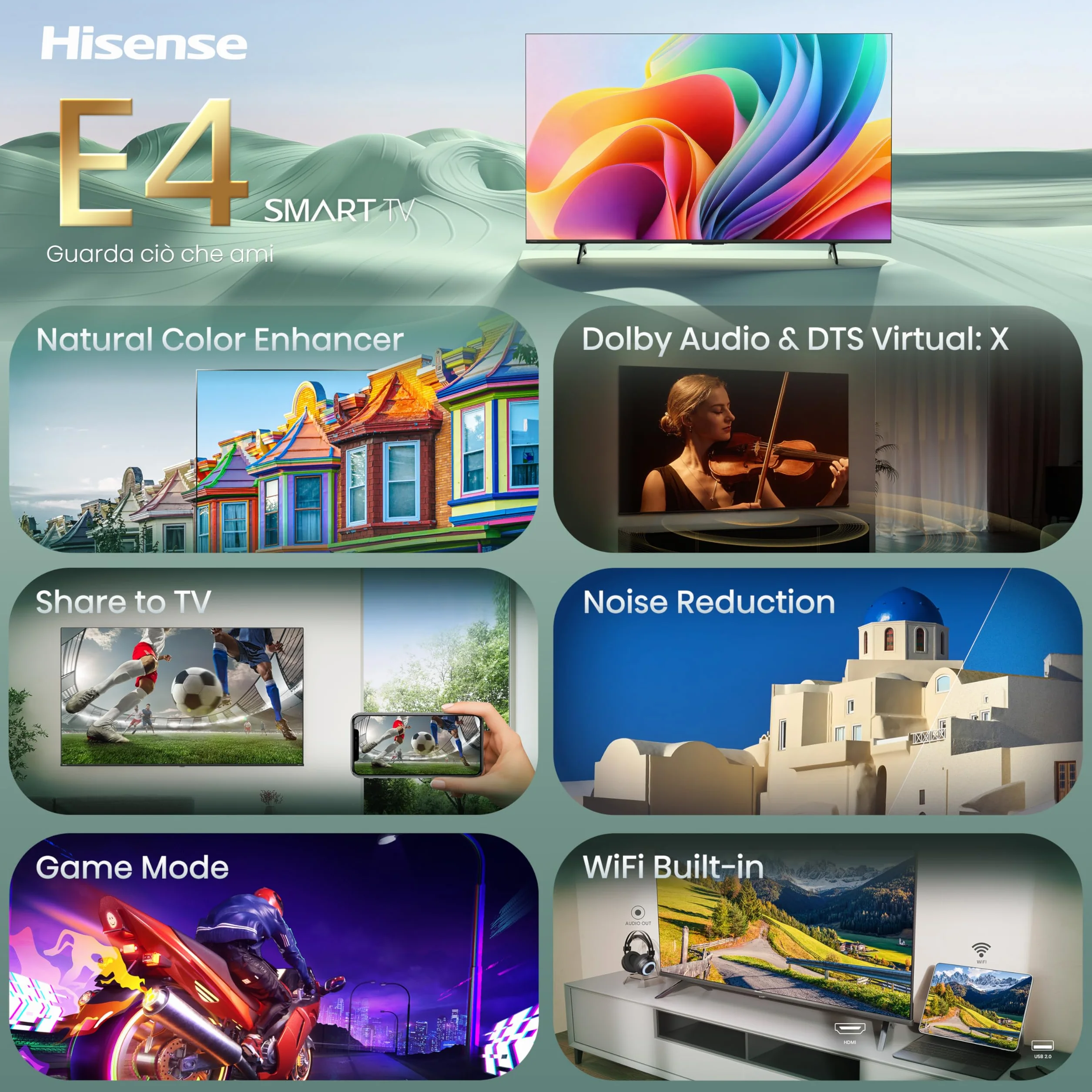 Hisense Smart TV 40" FHD 40E4ST, 60Hz, DTS Virtual X, VIDAA OS con 1000+ APP, Game Mode, Wifi, AirPlay2, Works with Alexa, lativù