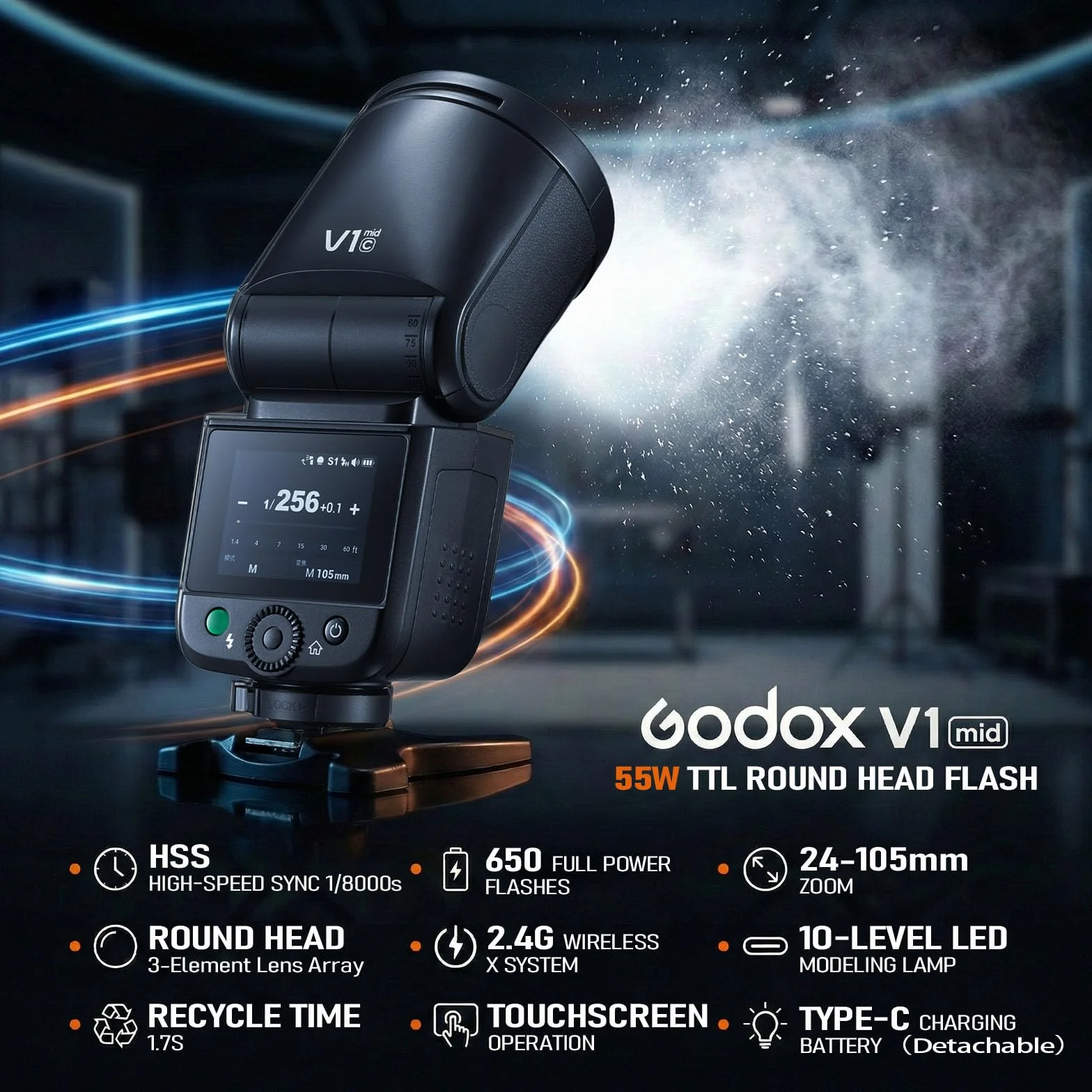 Godox V1 MID S Flash per Sony, Speedlite a testa rotonda 55Ws, 24mm, TTL HSS 1/8000s, oltre 650 lampi, V1MID