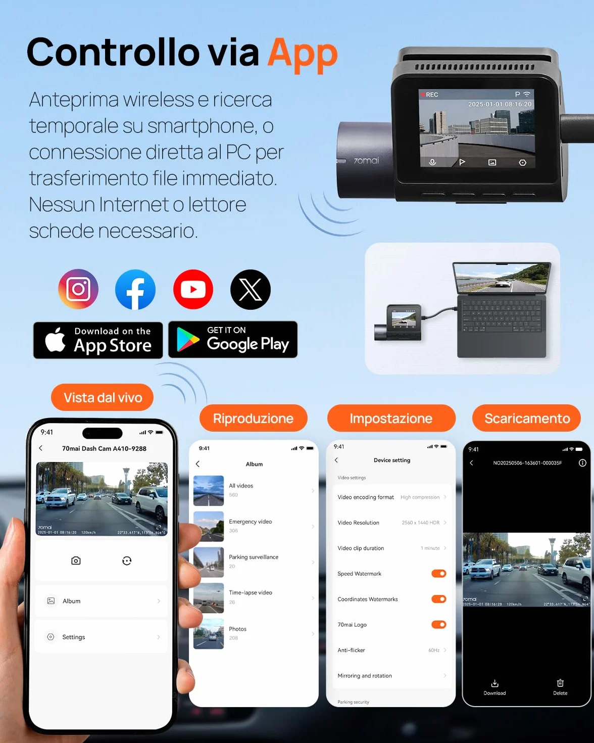 70mai Dash Cam Anteriore e Posteriore A410, Doppia Dashcam 2.5K+1080P HDR, Visione Notturna Super, Apertura F1.55, Modalità Parcheggio 24H, WiFi GPS, G- Sensor, Registrazione in Loop, Include 64GB SD