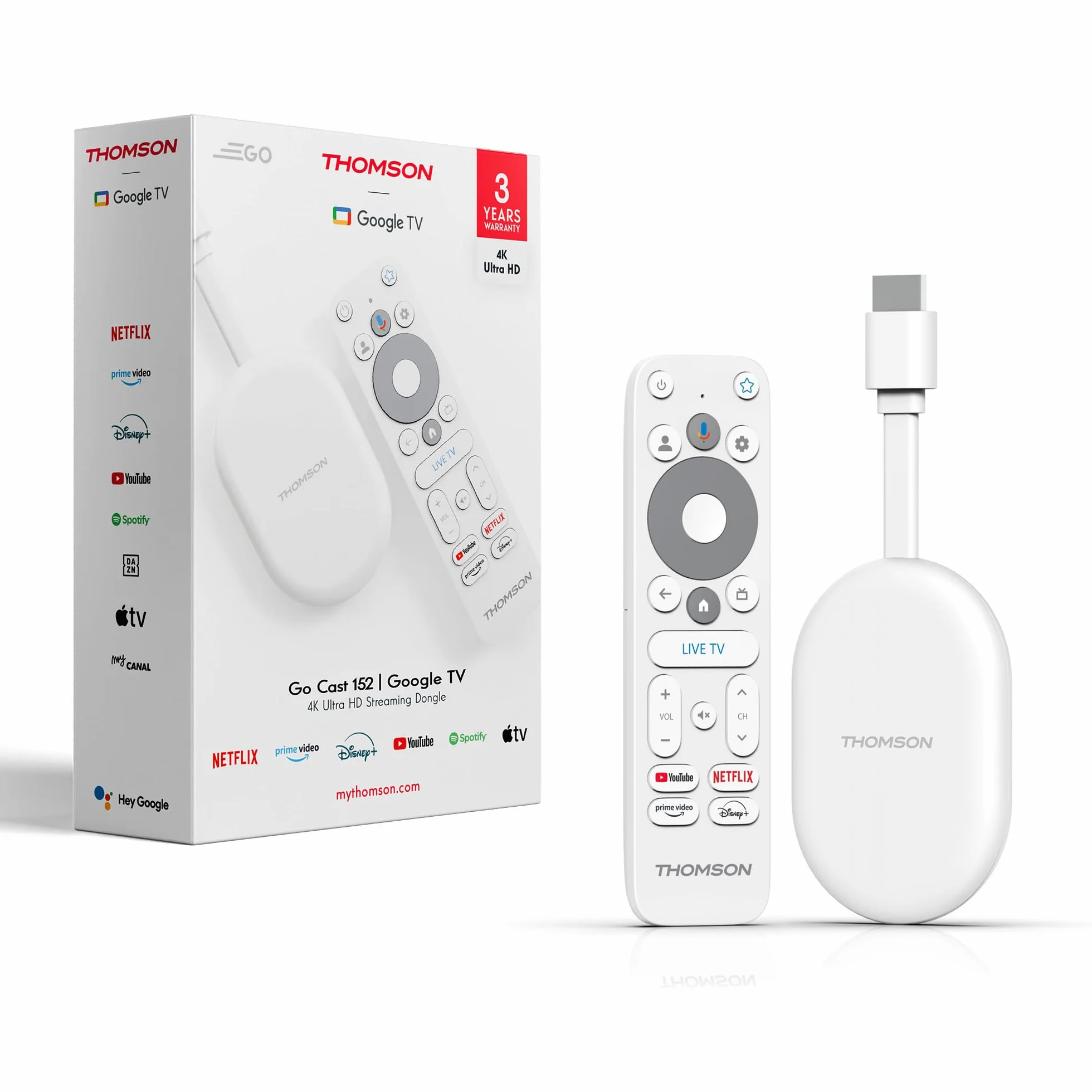 Thomson Go Cast 152 Dongle Streaming, 4K UHD Google TV, Controllo Vocale, Google Cast, Dolby Atmos, Dolby Digital+, HDR10, Portatile, 2 GB RAM, 32 GB Memoria – Bianco