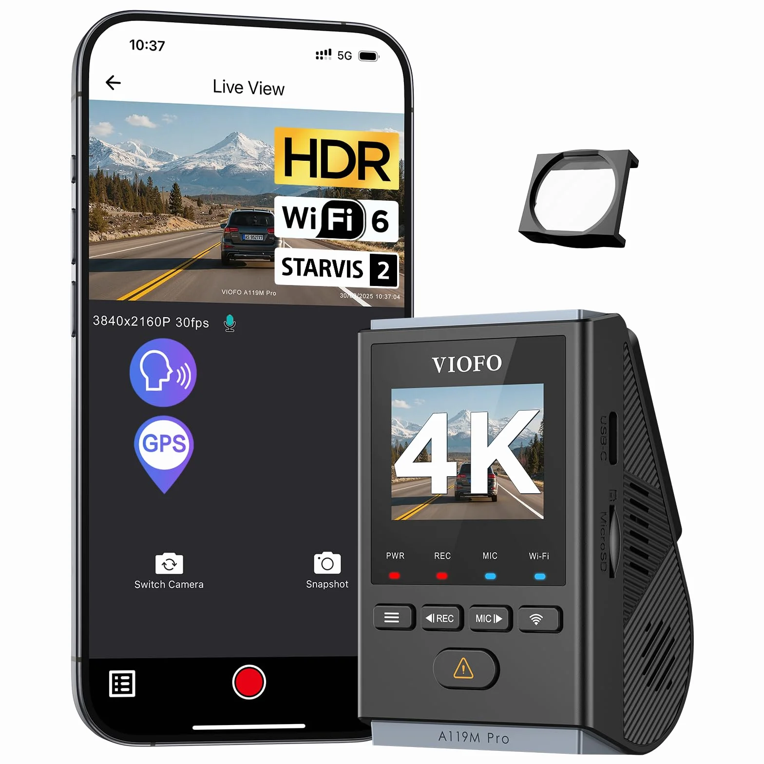VIOFO A119M Pro 4K HDR Mini Dashcam per Auto con CPL, Wi-Fi 6 e GPS Fotocamera per Auto Anteriore con STARVIS 2, Comando Vocale e Riproduzione Vocale, Visione Notturna 2.0, Modalità di Parcheggio con