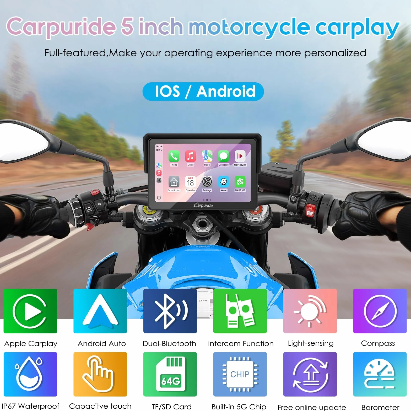 Carpuride W502PRO per CarPlay per Moto e Android Auto e Doppio Bluetooth - Navigazione GPS Impermeabile da 5 pollici per Moto, Condivisione di Musica, Interfono, EQ, Sensore di Luce, Bussola, Barometr