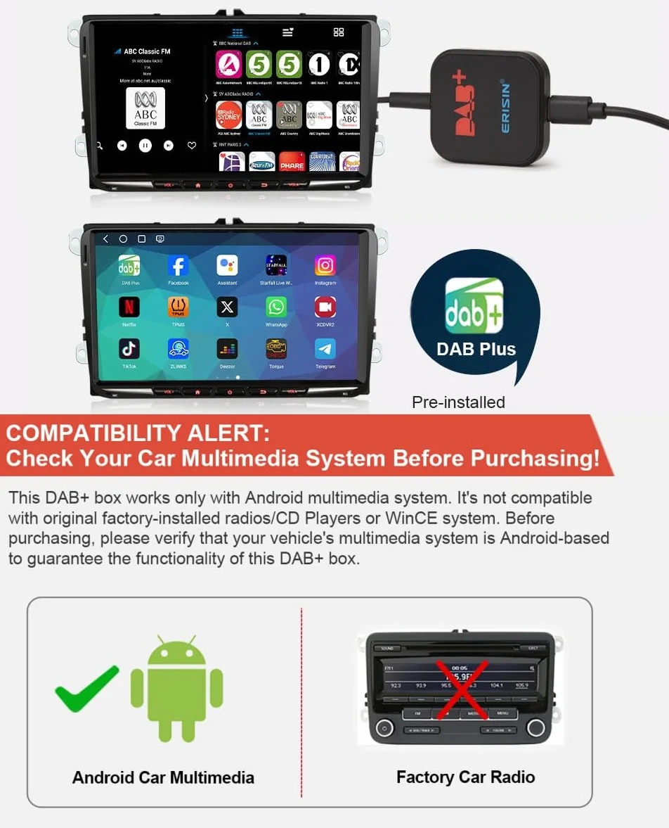 Antenna radio digitale DAB+ con antenna versatile Adattatore DAB per autoradio Android 11 12 13 14 Collegamento porta USB