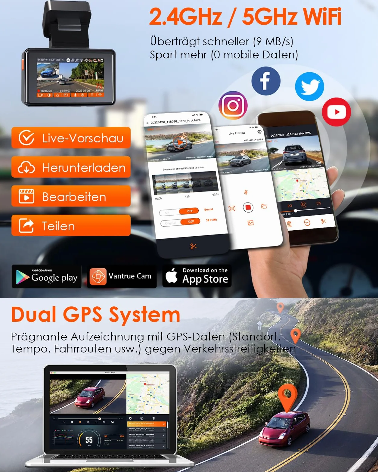 VANTRUE E2 2.7K+2.7K Dash Cam, 5GHz WiFi GPS Doppia 1944P Telecamera Per Auto, Dashcam Controllo senza Fili e Vocale, 24h. Modalità di Parcheggio Tampone, Visione Notturna WDR 2,45" 160 Gradi Max 512G