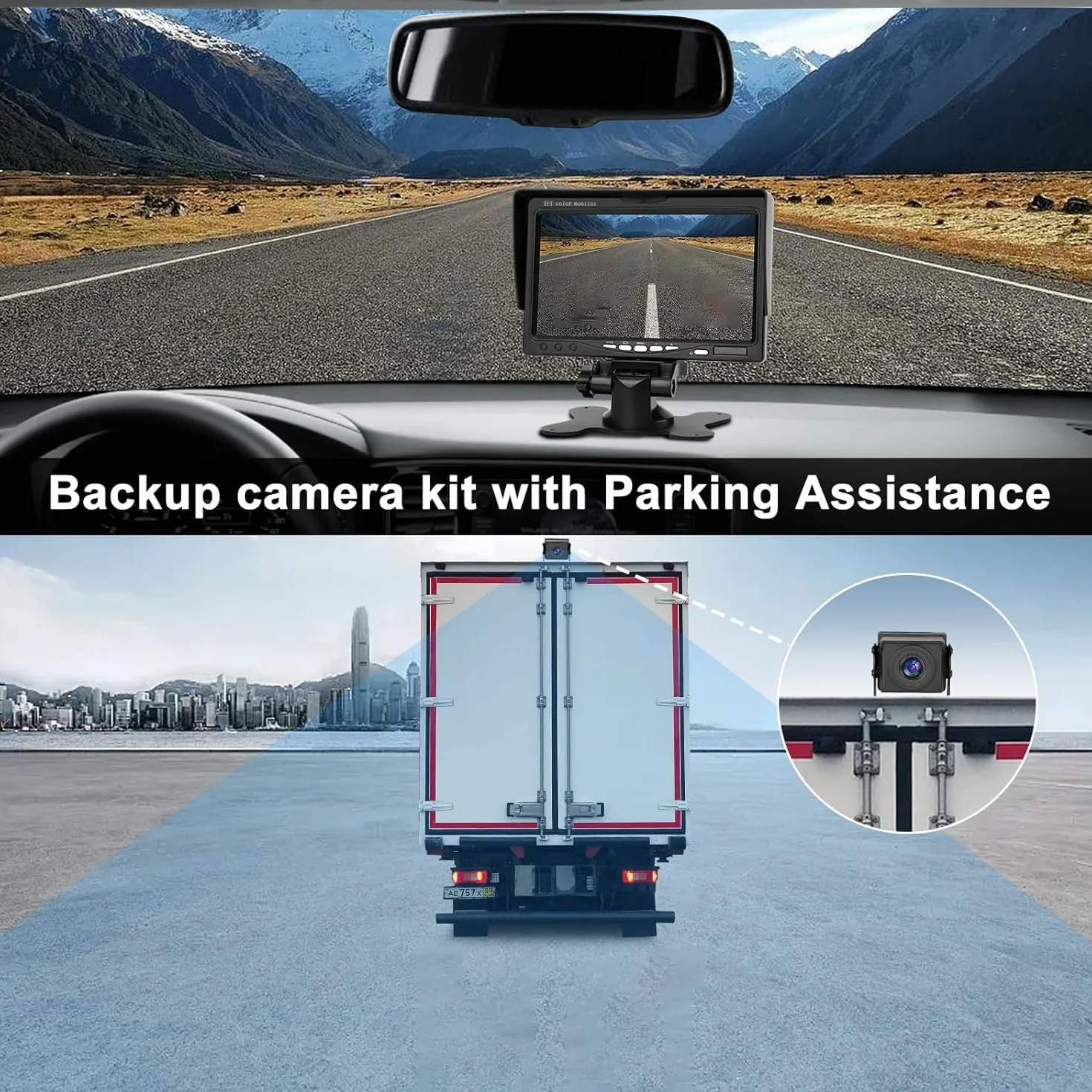 Set di telecamera per retromarcia con monitor HD LCD da 7 pollici e telecamera posteriore grandangolare da 170°, impermeabile IP69, per camion, rimorchi, bus, furgoni.