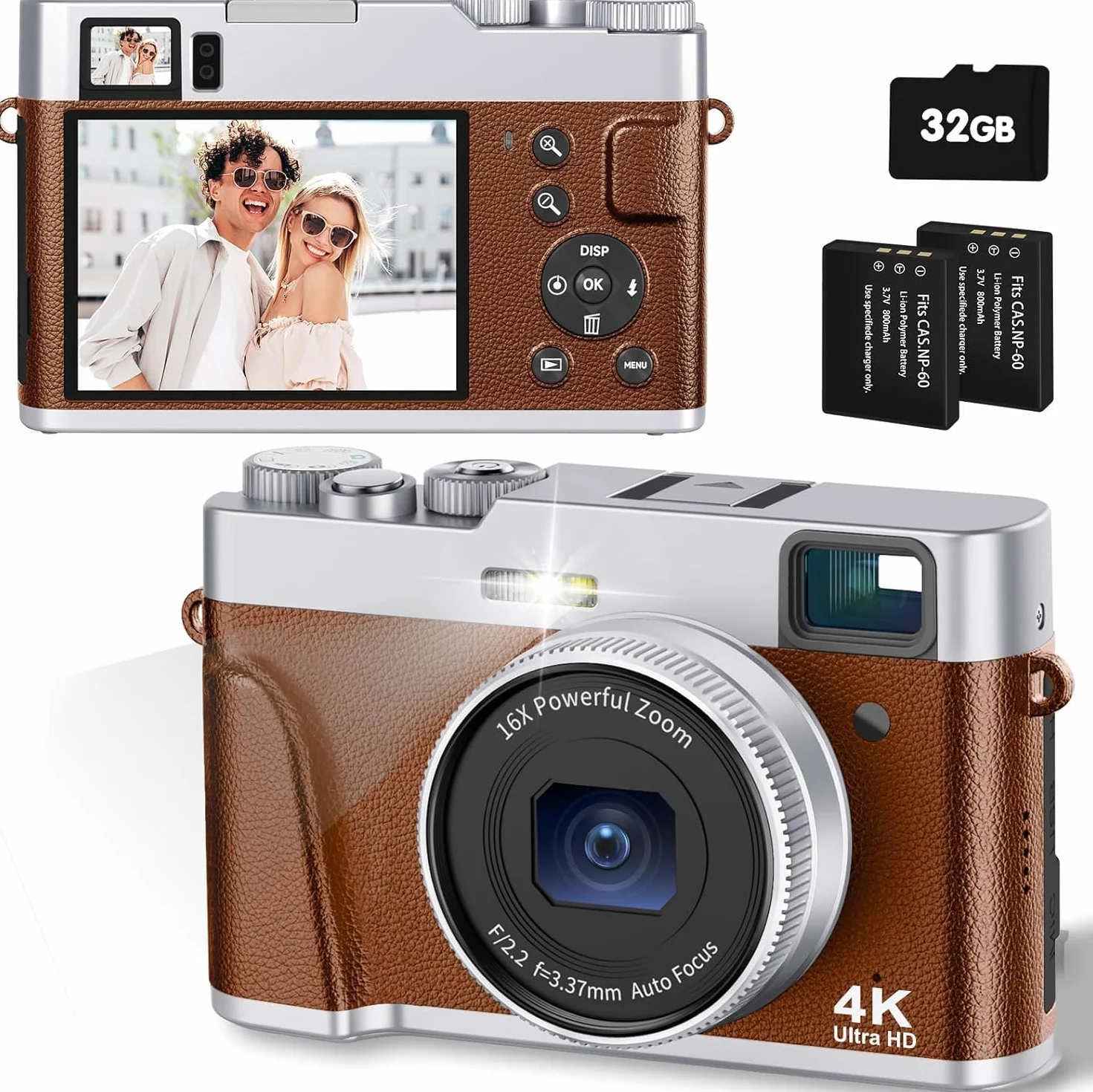 CAMKORY Macchina Fotografica Digitale 4K 48MP Autofocus Mirino Ottico Fotocamera Digitale Compatta Zoom 16x Facile da Usare Flash 2 Batteria Ricaricabile per Principiante