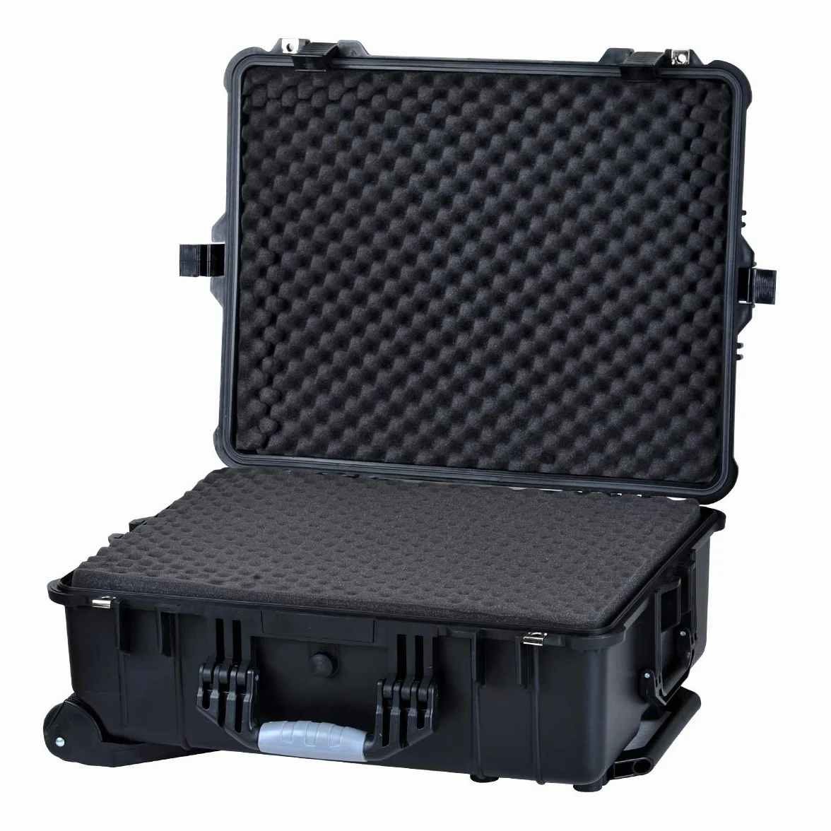 MEIJIA Custodia rigida impermeabile per tutte le stagioni con maniglia retrattile e ruote girevoli, inserto in schiuma personalizzabile, adatta per fotocamera, droni, attrezzature, elegante nero