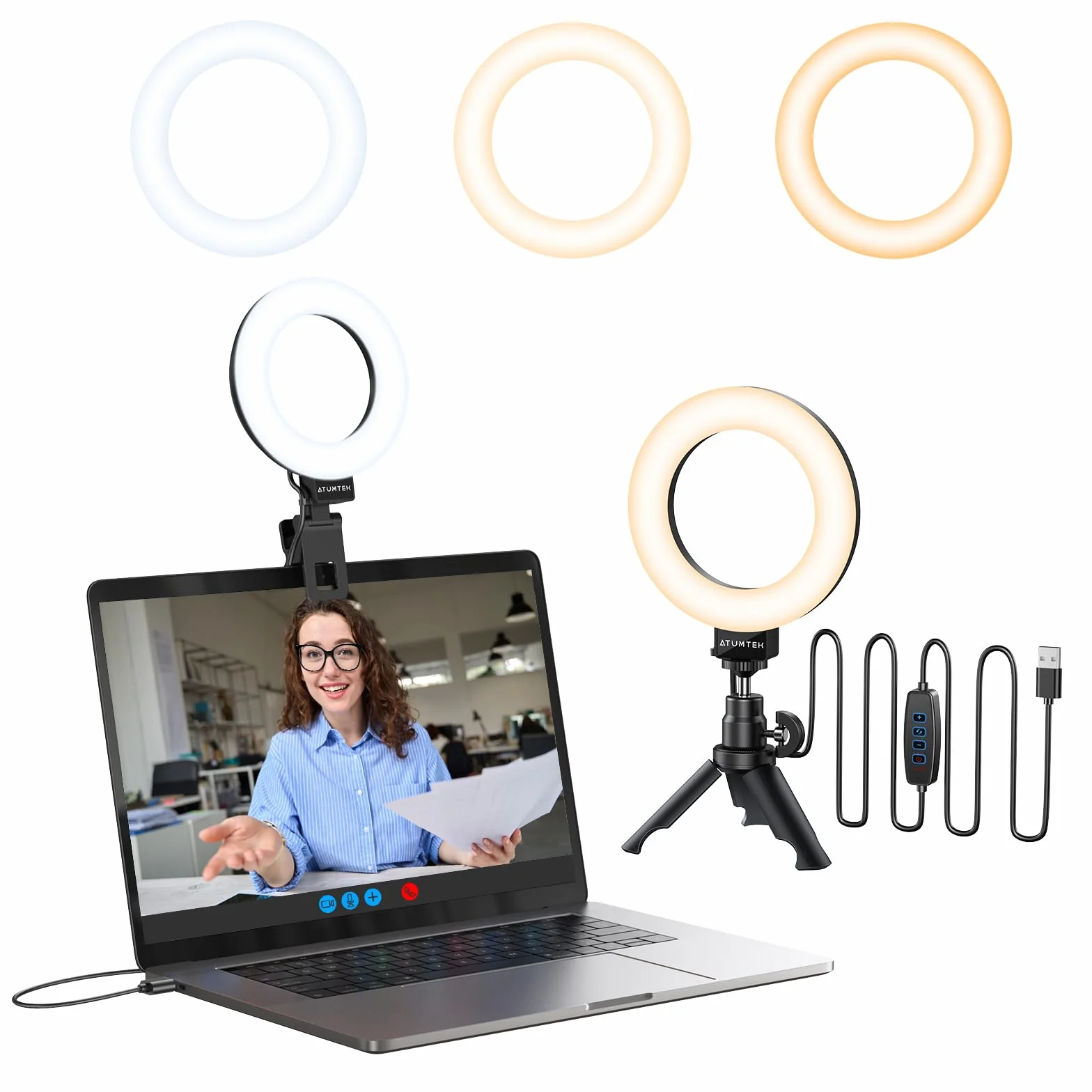 ATUMTEK Luce ad Anello con Clip e Treppiede, Luce Video per Monitor Laptop, Luce Webcam con 3 Colori Dimmerabili e 10 Livelli di Luminosità per Lavoro Remoto/Chiamate Zoom/Live Streaming