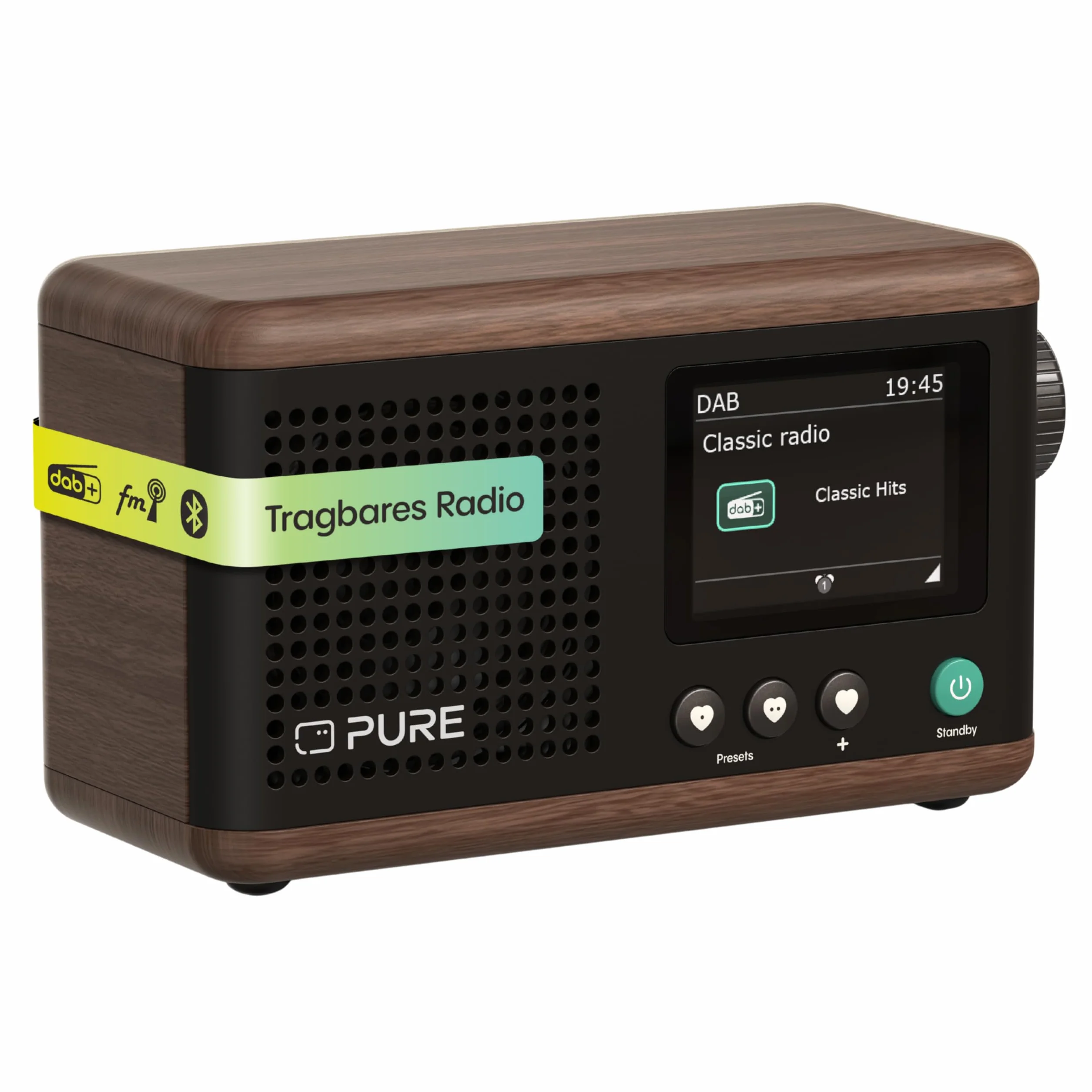 Pure Classic Mini Radio Digitale Portatile DAB+ e FM con Bluetooth 5.3, Batteria da 15 ore, Schermo a colori da 2,4", Cinghia di trasporto, Nero Caffè/Noce, Compatto e leggero