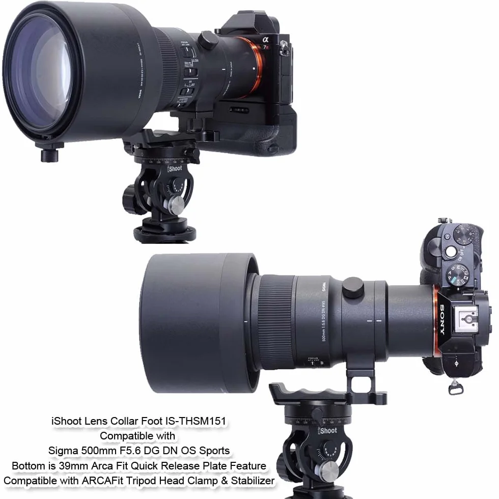 iShoot Base ad anello di ricambio per treppiede compatibile con Sigma 70-200 mm F2.8 DG DN OS Sports e 500 mm F5.6 DG DN OS Sports, staffa di supporto con piastra a sgancio rapido Arca-swiss Fit