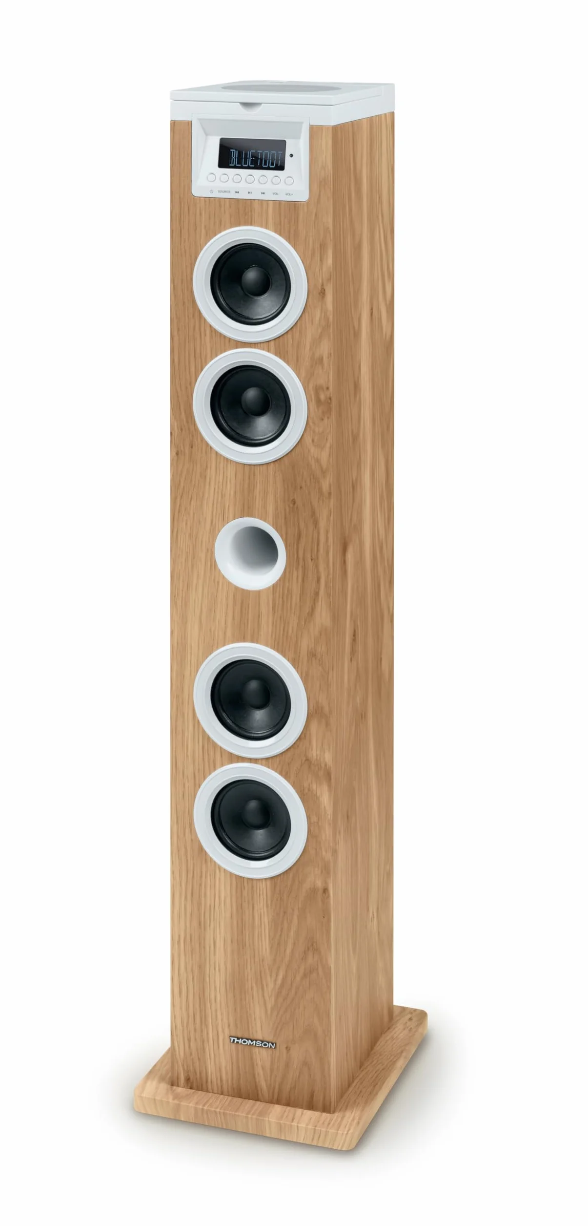 Tour haut-parleur - THOMSON - Blanc/Bois - Bluetooth/CD/USB/SD, 60W, Radio FM, Télécommande, Alim. 230V