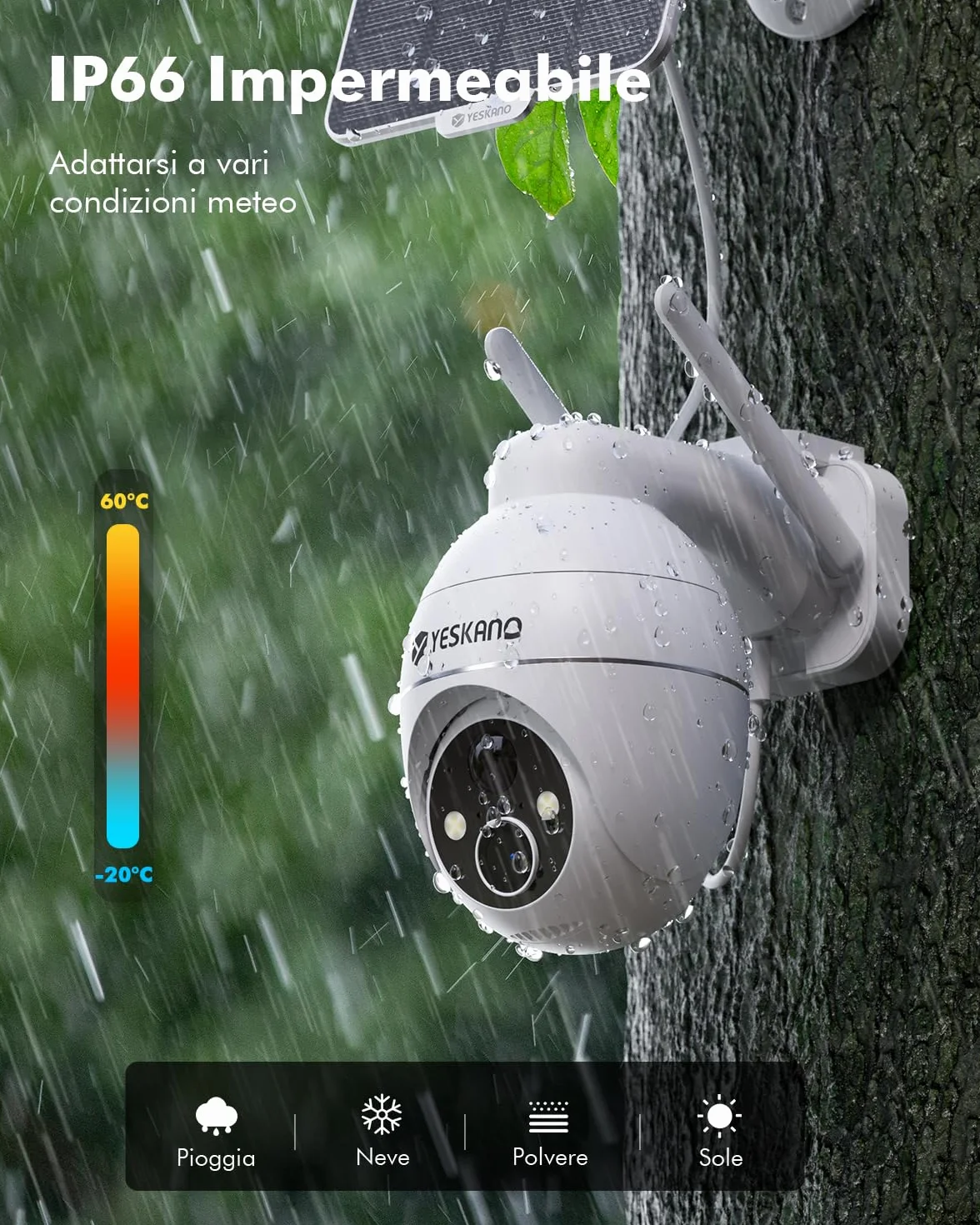 YESKANO 2K Telecamera Wi-Fi Esterno Senza Fili Con Pannello Solare, 360° PTZ Videocamera Sorveglianza A Batteria, Visione Notturna A Colori, Rilevamento Umano/PIR con Allarme, 2 Vie Audio, 2.4GHz,IP66