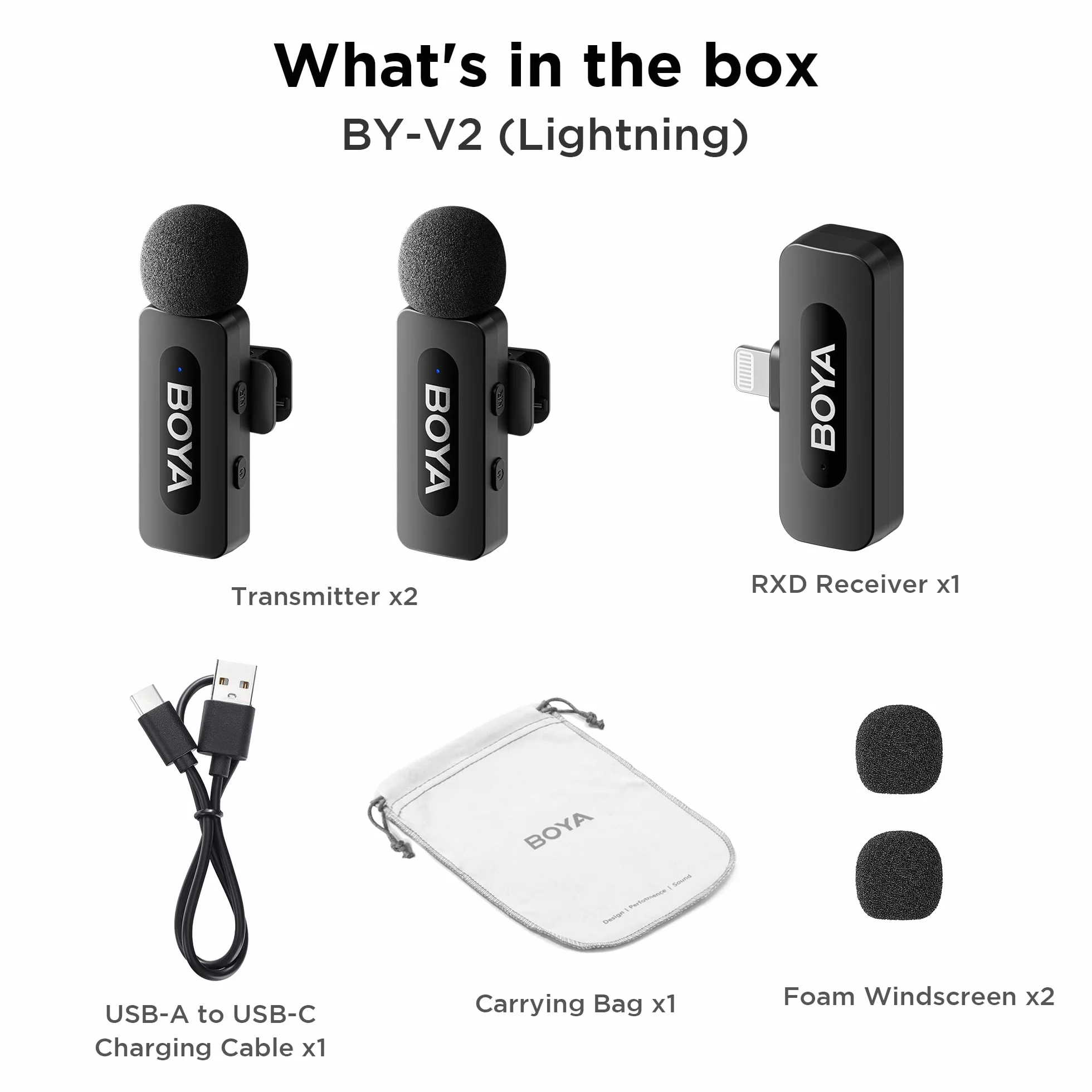 BOYA BY-V2 Mini Microfono lavalier wireless (2TX+1RX) per iPhone, riduzione del rumore, doppio microfono a bavero per registrazioni su YouTube, Podcast, Facebook, Tiktok Vlogging