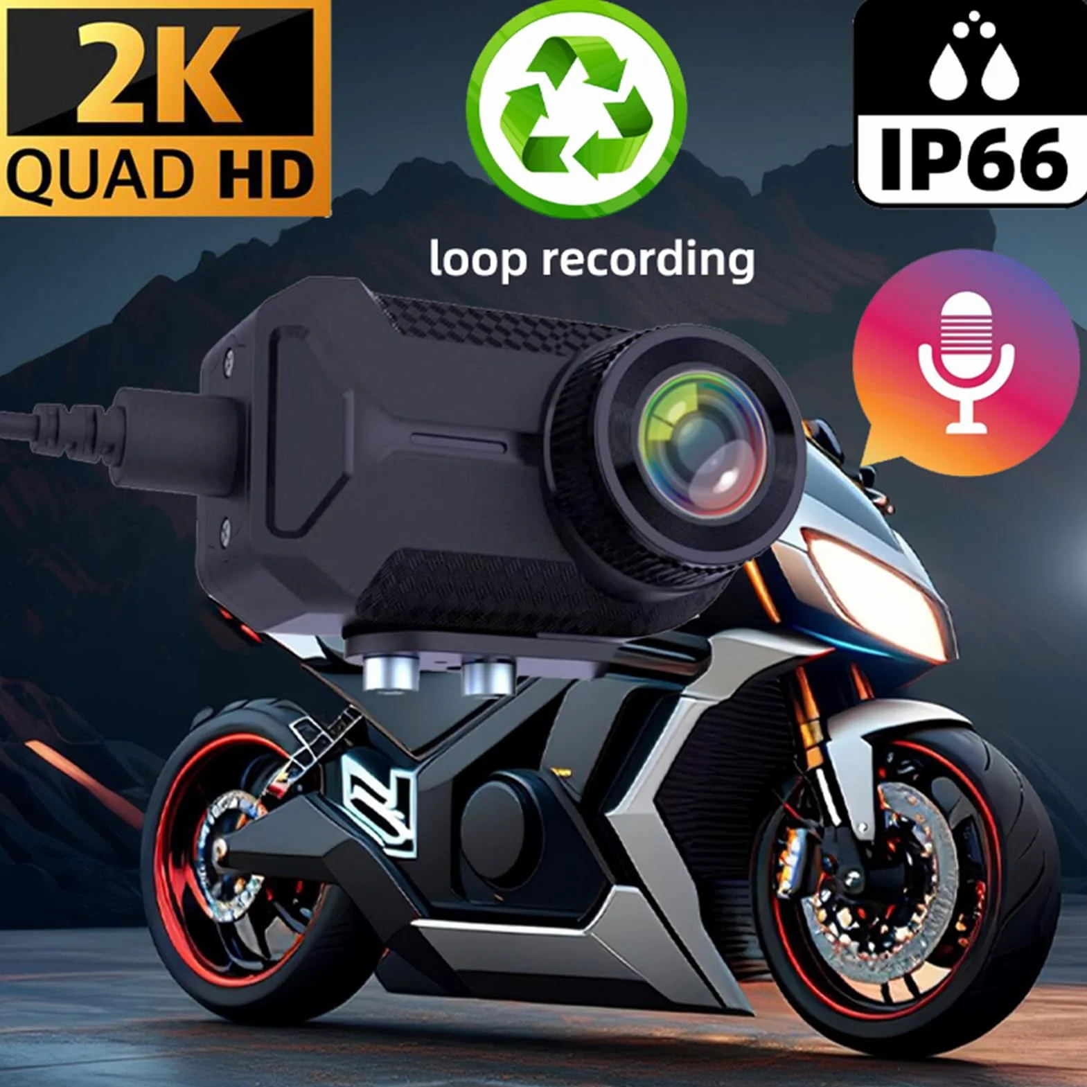 Dash Cam per Moto 2K WiFi Telecamera per Moto con Controllo App Registrazione in Loop Plug and Play Supporto Scheda TF Motociclisti ABS 6,5x4x2,5 Cm