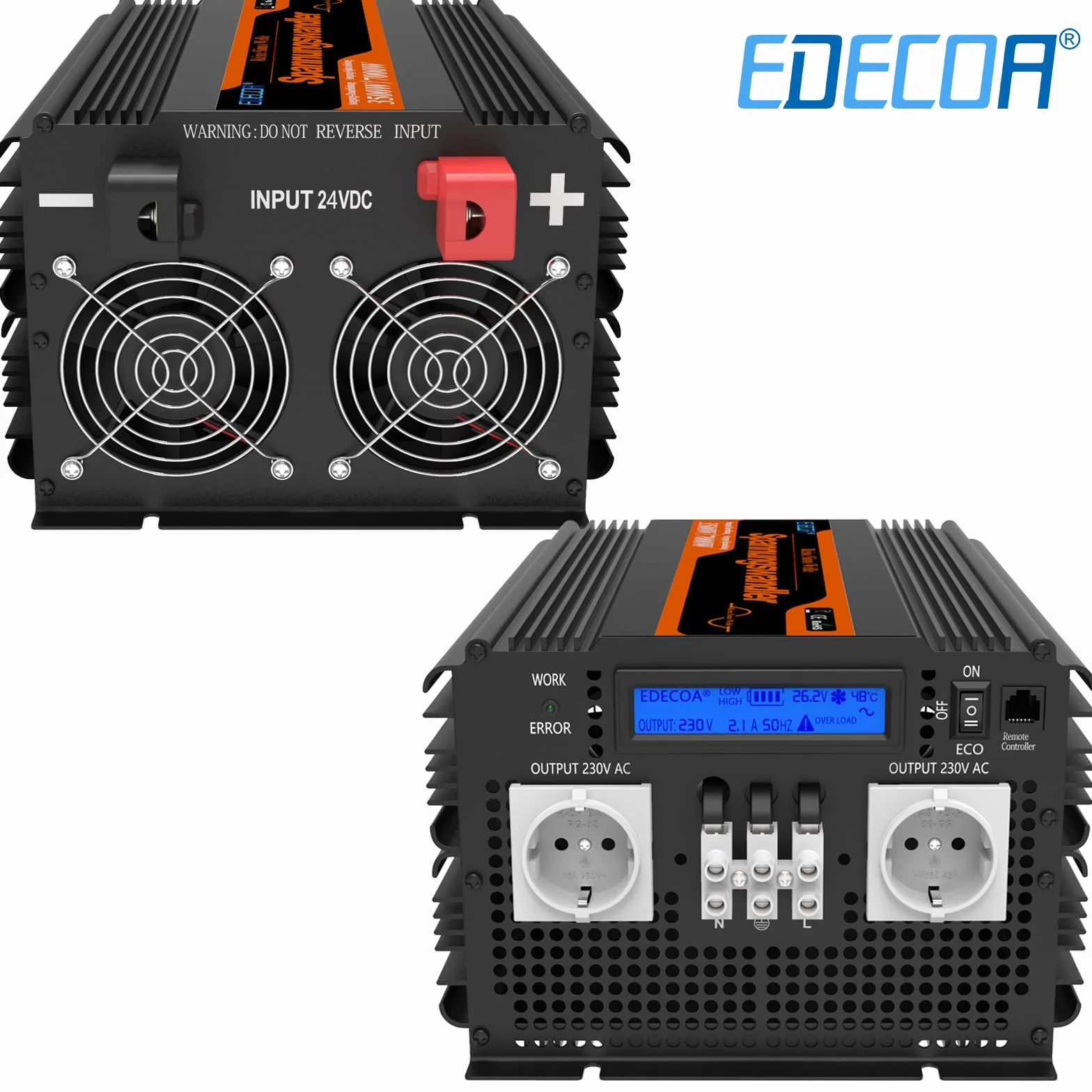 EDECOA Inverter 24v 220v Onda Pura inverter di potenza 3500w con Telecomando per camion, pannelli solari Convertitore di pontenza 24v 230v (3ème génération)