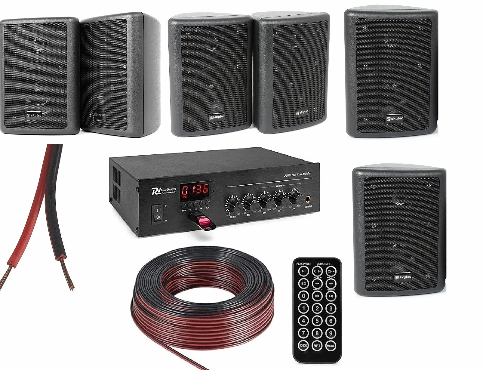 Impianto Audio Filodiffusione 6 Casse Parete Black Bluetooth Radio FM USB