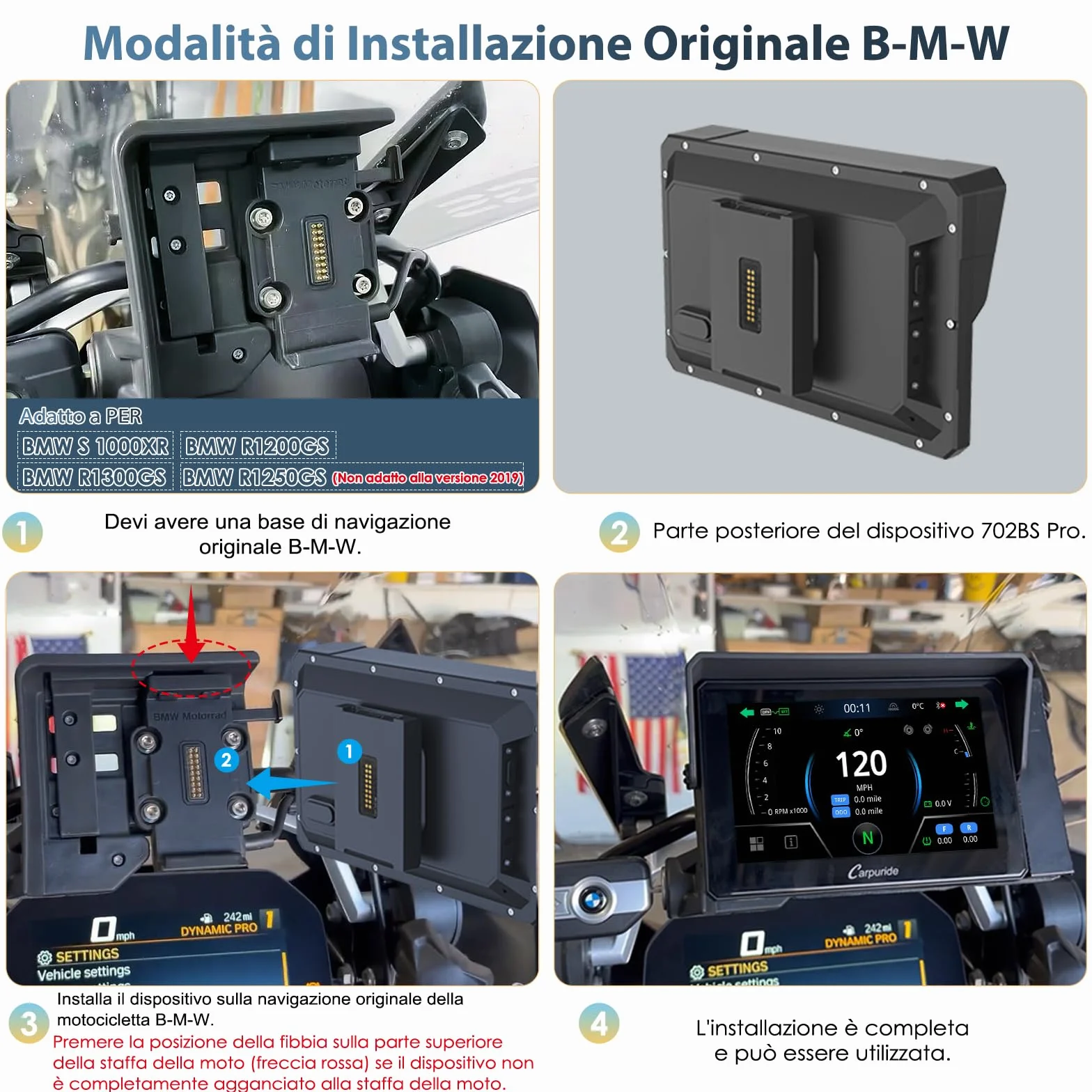 Carpuride W702BS Pro Moto Carplay Schermo con Wonder Wheel per BMW Moto, Senza Fili CarPlay e Android Auto, 7 Pollici Impermeabile Touchscreen, Doppio Bluetooth, Interfono Funzione, Dati Lettura.