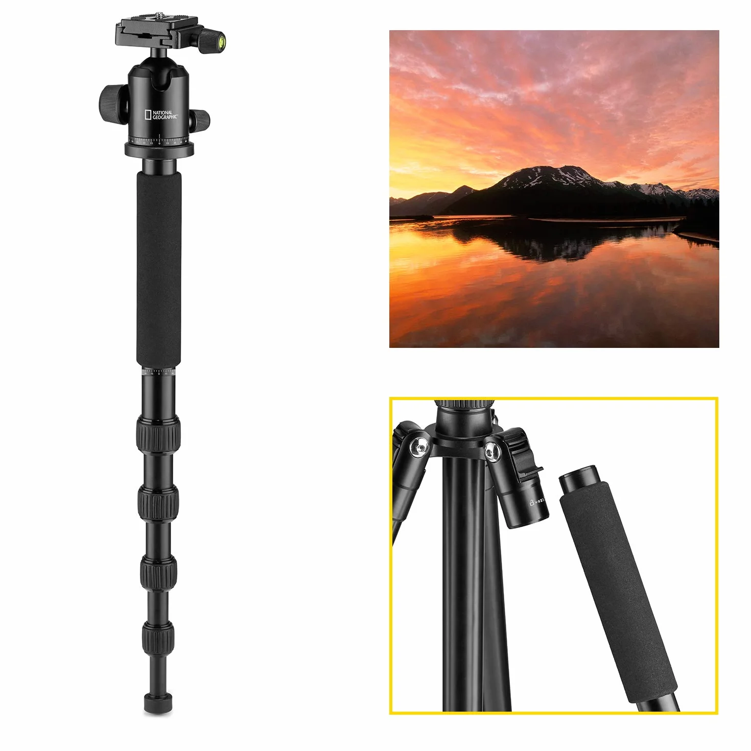 National Geographic NGTR002T - Travel Kit Treppiede con Monopiede, Alluminio, Gambe 5 Sezioni, Twist Lock, Sacca Trasporto, Carico Fino a 8 kg, Testa a Sfera, Sgancio Rapido, Nero [Esclusiva Amazon]