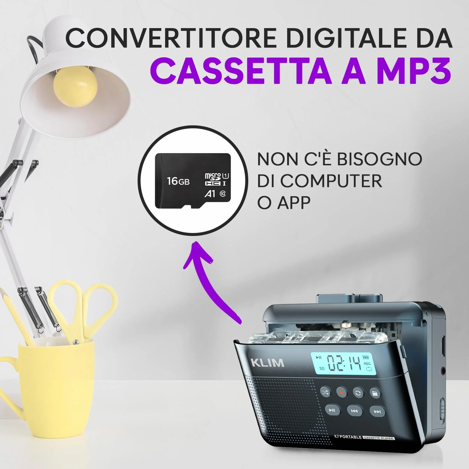 K7 Cassette Player - Convertitore Cassette MP3 - Lettore Cassette Audio Portatile - Microfono e Altoparlante Incorporati - Batteria Ricaricabile - Auricolari - Scheda SD da 16 GB - Blu