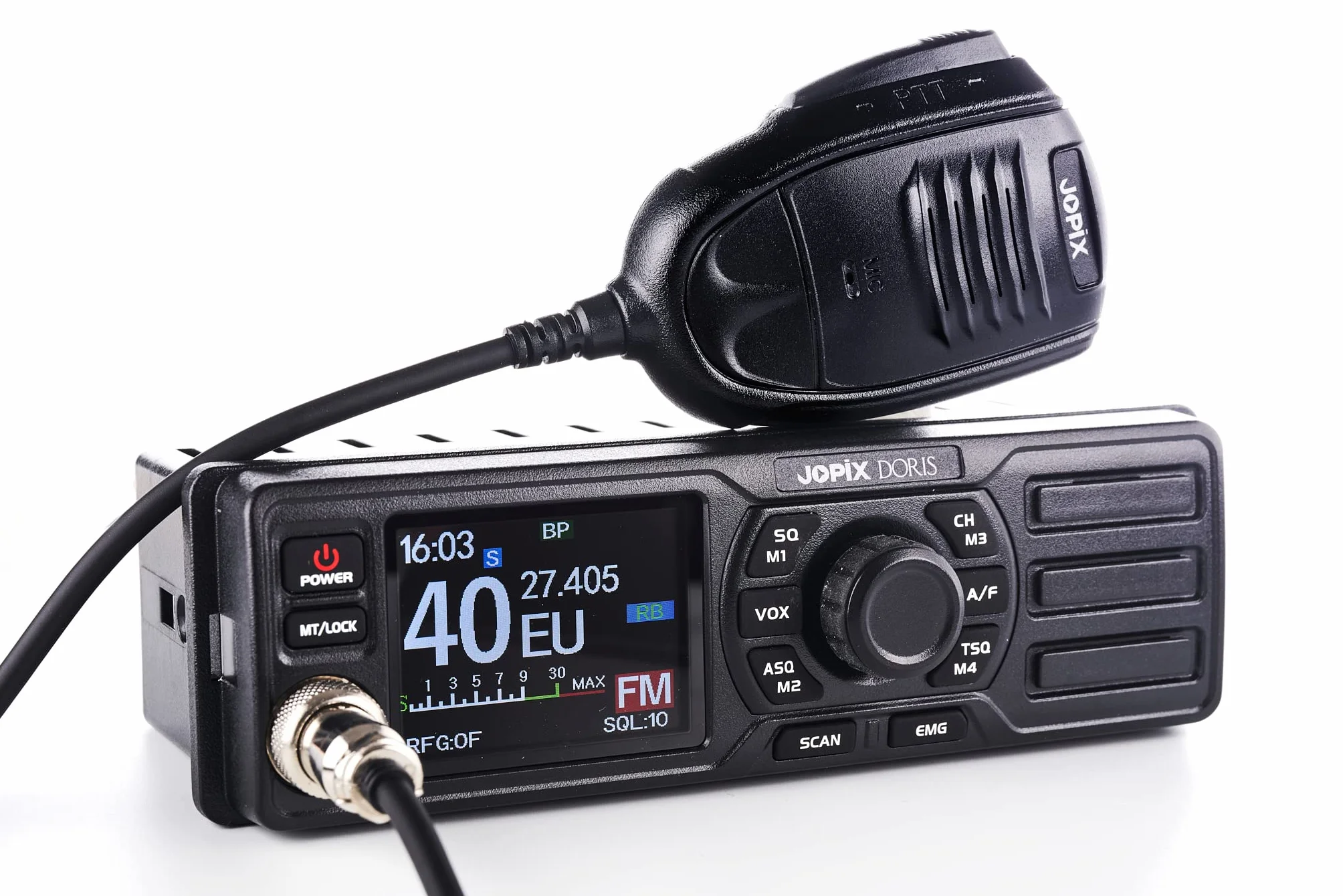 Jopix Doris Ricetrasmettitore Mobile CB 12/24V Multinorma AM/FM Altoparlante Frontale Adattatore DIN Inserimento Autoradio Funzione VOX Display a Colori Design Ultra Compatto