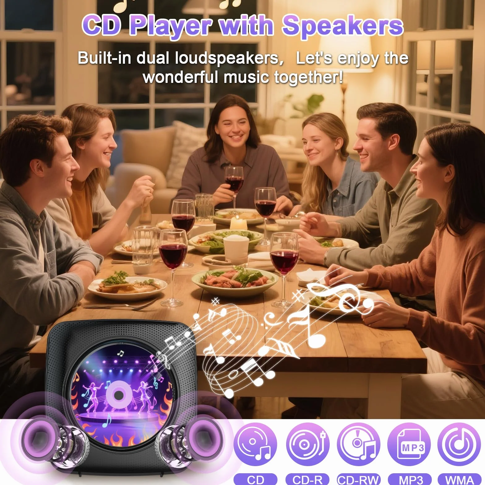 Gueray Lettore CD portatile Hifi Bluetooth con altoparlanti batteria ricaricabile 1800 mAh telecomando radio FM USB AUX Nero