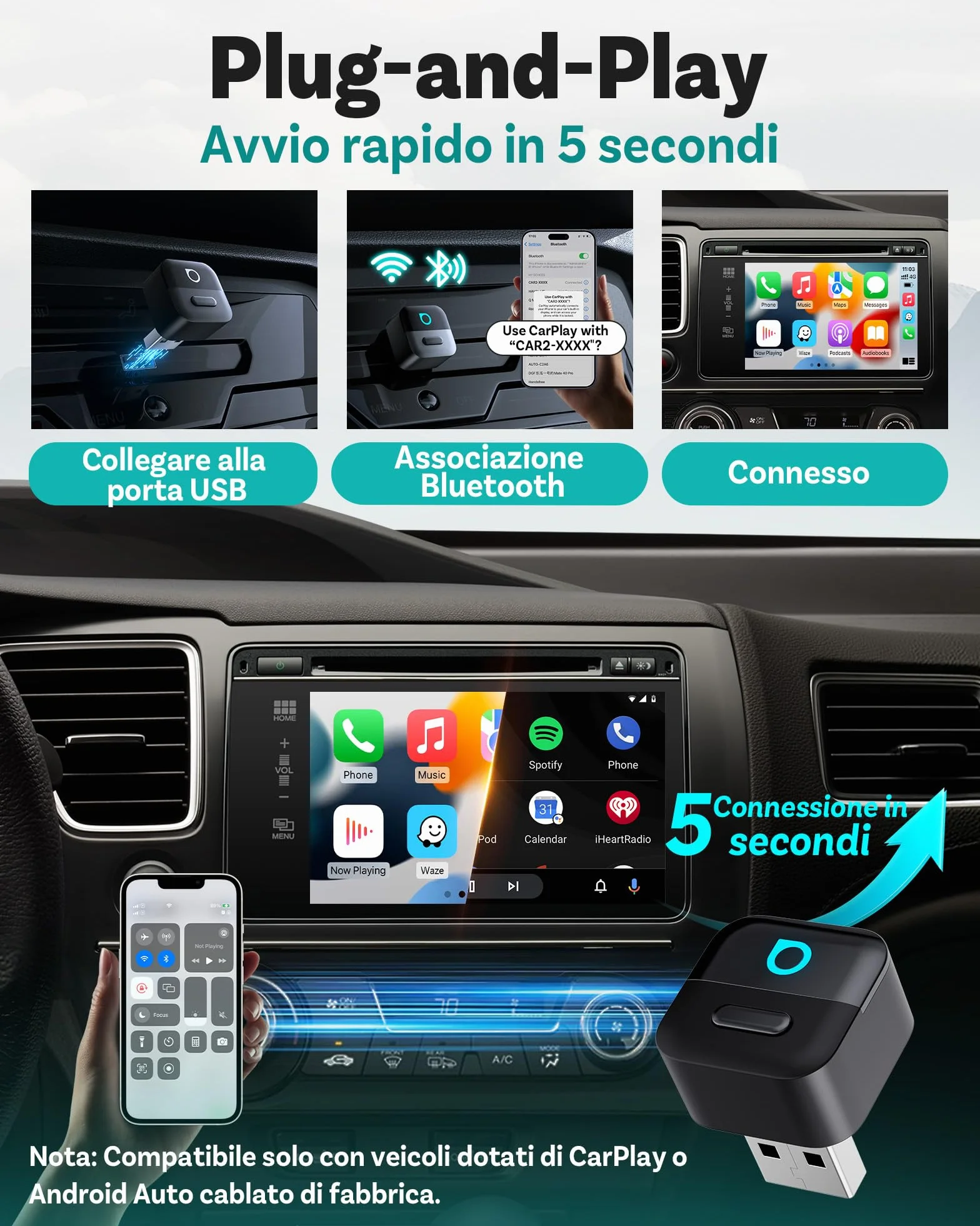 OTTOCAST Mini Pico 2026, Adattatore CarPlay Wireless Android Auto, WiFi 6 & Bluetooth 5.4, Riconnessione in 5 Secondi, Plug & Play USB, Per Auto con CarPlay Cablato OEM 2016+