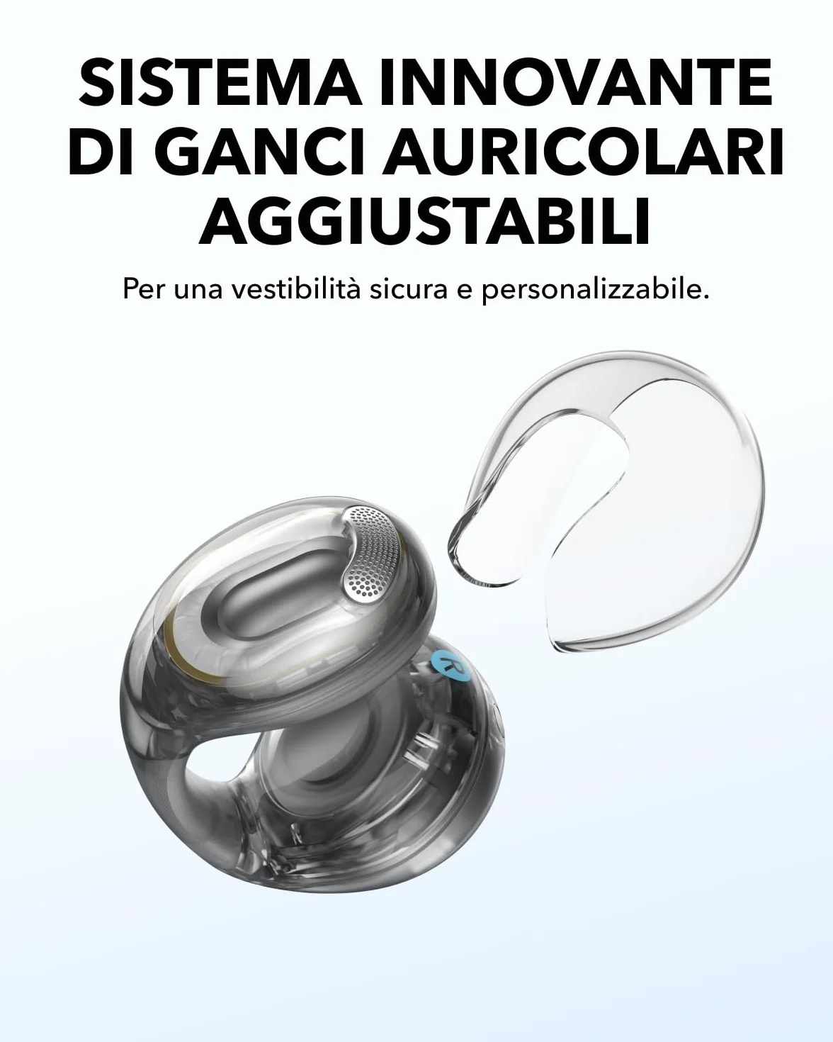soundcore C40i di Anker, Auricolari open-ear, cuffie clip-on, design flessibile, controlli a pulsanti, comfort leggero, vestibilità stabile, supporti auricolari intercambiabili,driver con suono chiaro | Design flessibile, comandi a pulsante, comfort legge