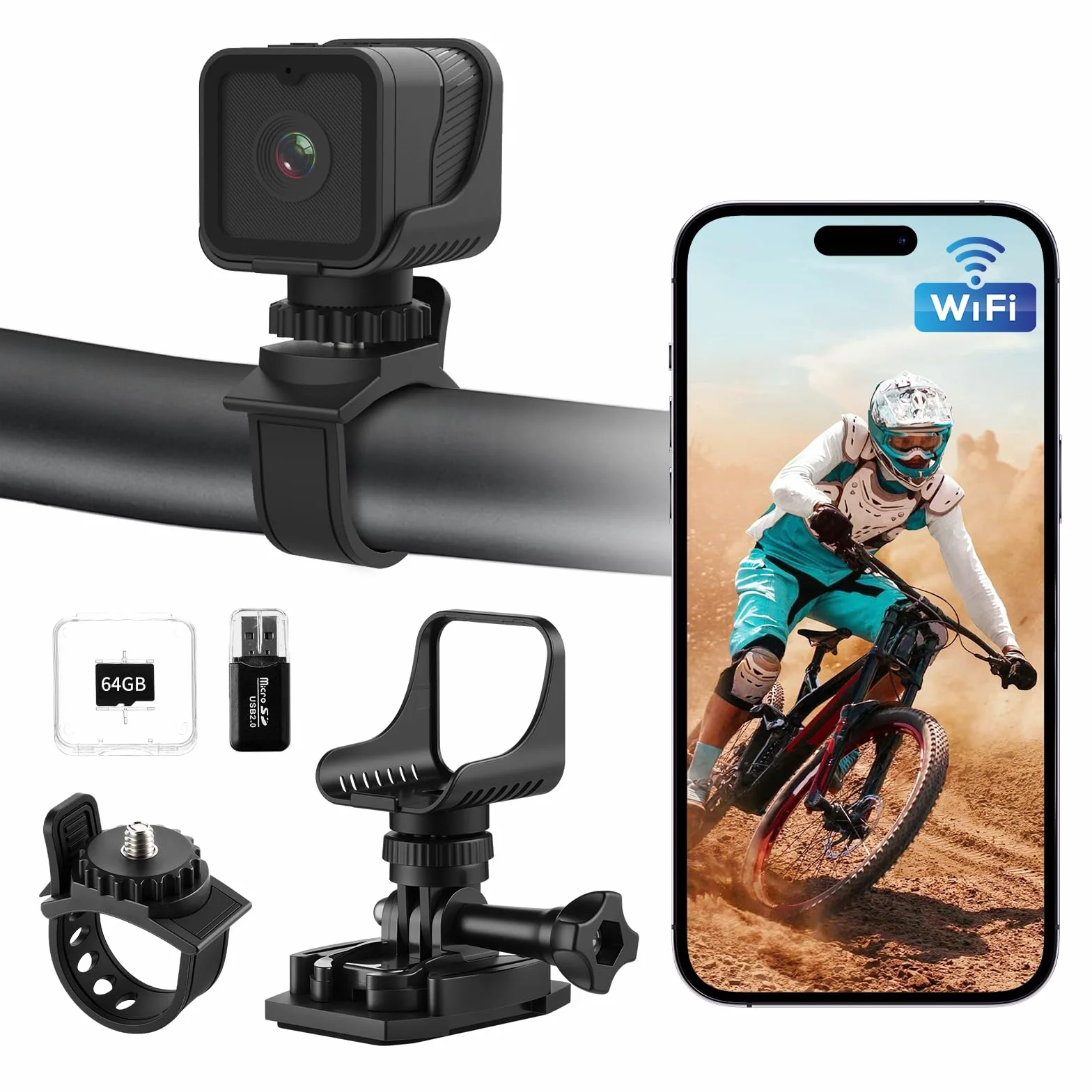 AIKER Dash Cam Moto Mini WiFi Action Cam IP66 1080PHD 120° Regolazione Automatica 64GB