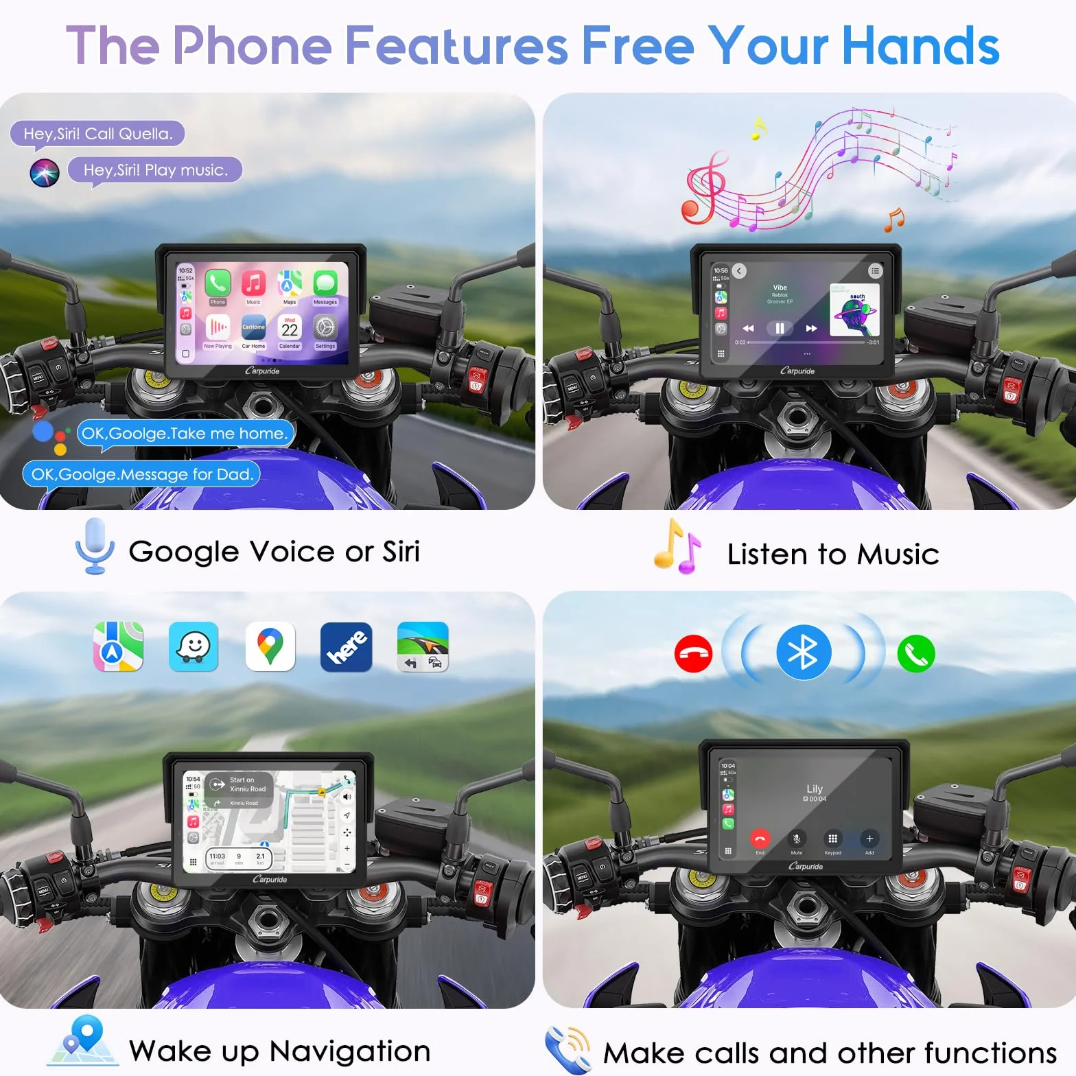 Carpuride W502TPRO per Moto con CarPlay, Android Auto, TPMS e Doppio Bluetooth - Schermo di Navigazione GPS Impermeabile da 5" per Moto, Interfono, Sensore di Luminosità, Bussola, Barometro