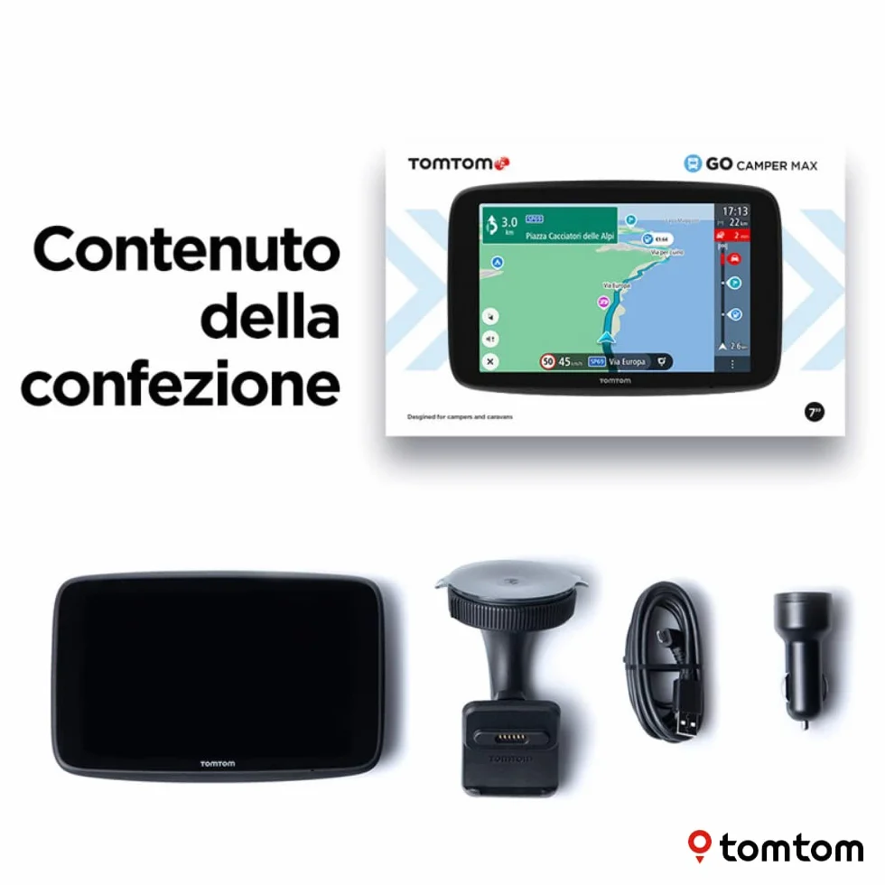 Navigatore satellitare per camper, caravan e roulotte GO Camper Max con schermo HD da 7", PDI per camper, caravan e roulotte, aggiornamenti Wi-Fi, TomTom Traffic, avvisi autovelox e mappe del mondo