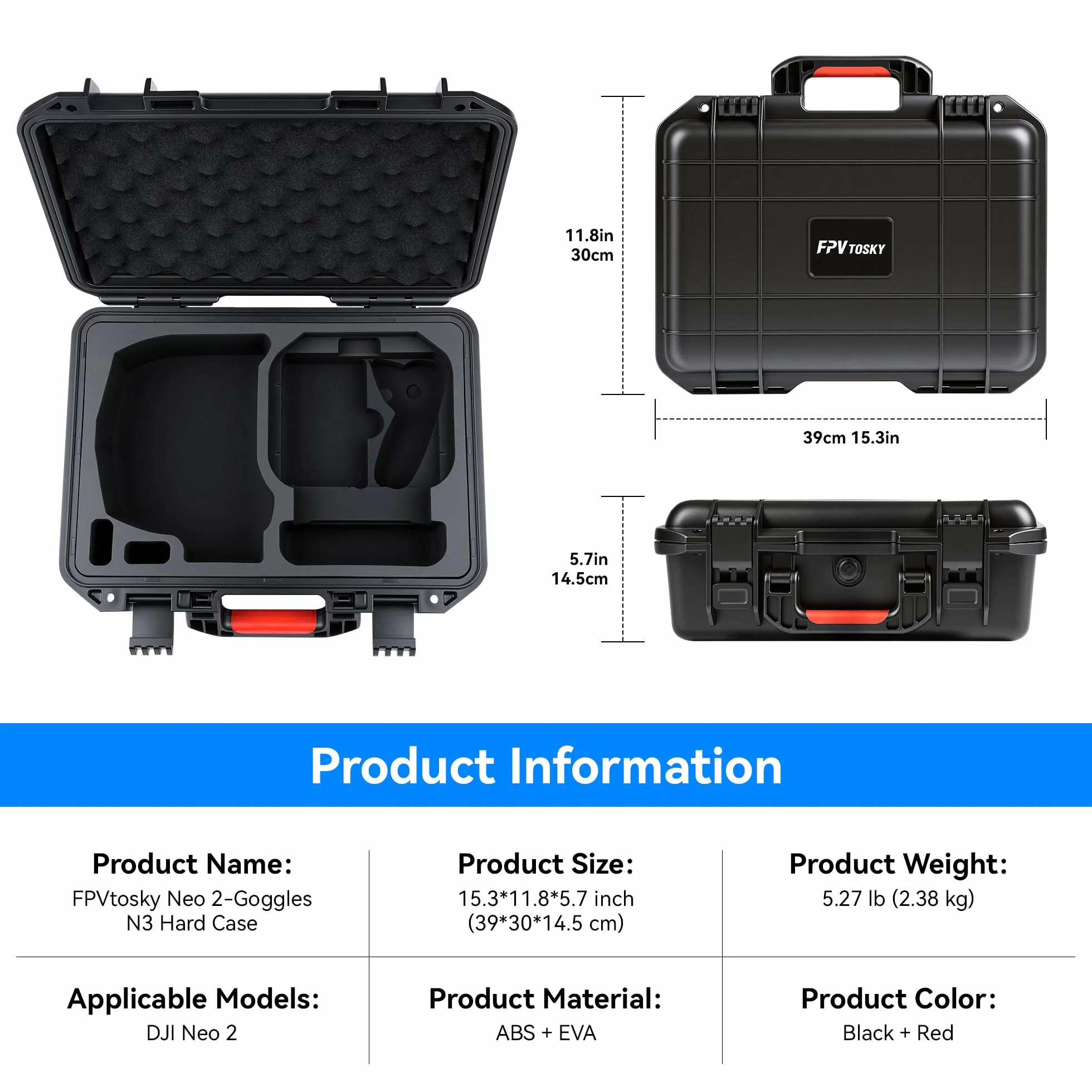 FPVtosky Custodia rigida impermeabile per DJI Neo 2 Motion Fly More Combo, adatta per occhiali N3, RC Motion 3, telecomando RC-N3, supporta fino a 6 batterie e accessori (solo custodia)