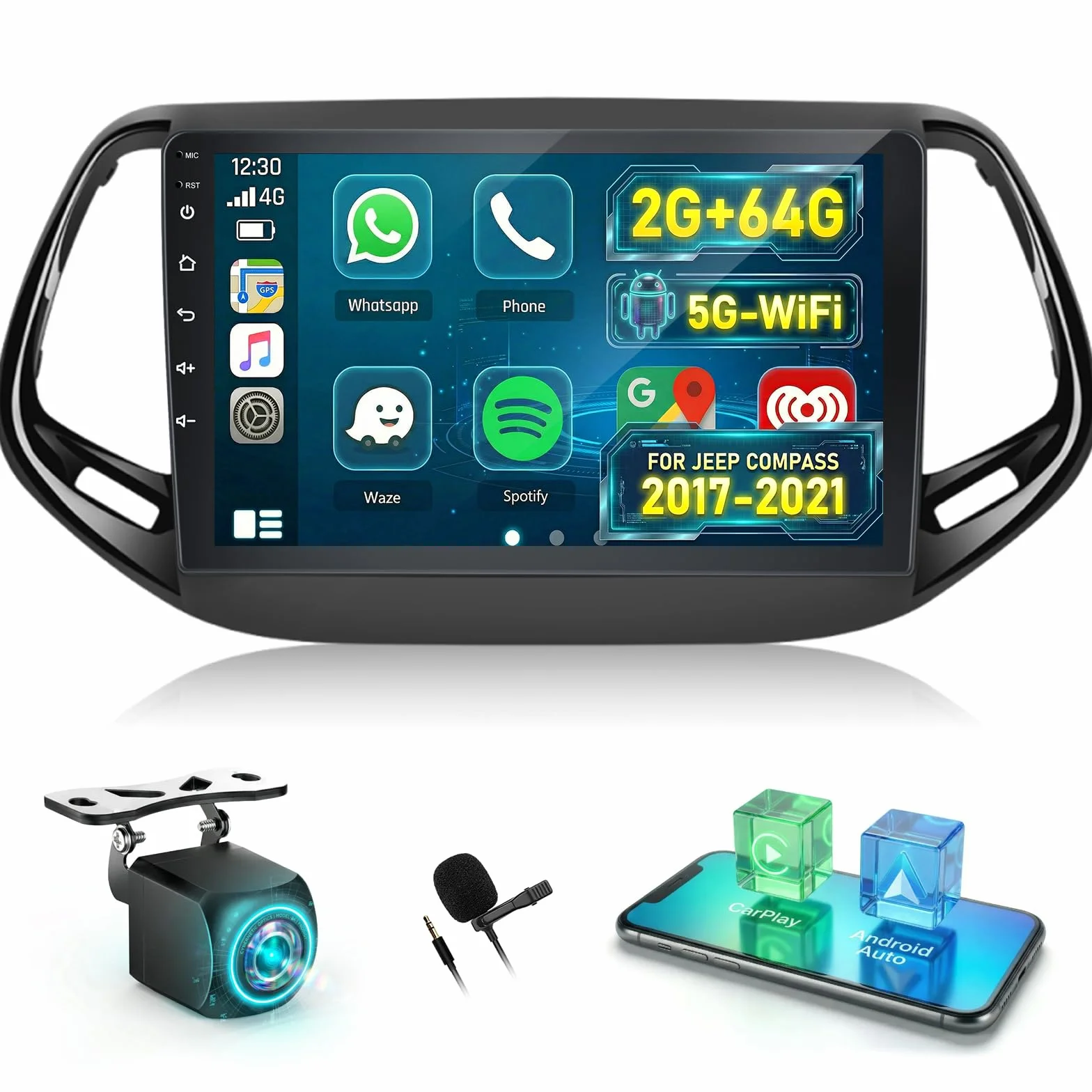 NHOPEEW Autoradio 2+64G per Jeep Compass 2017-2021 - Carplay senza fili e Android Auto - Stereo Android 13 da 10,1 pollici con WiFi EQ GPS Mirror Link FM RDS