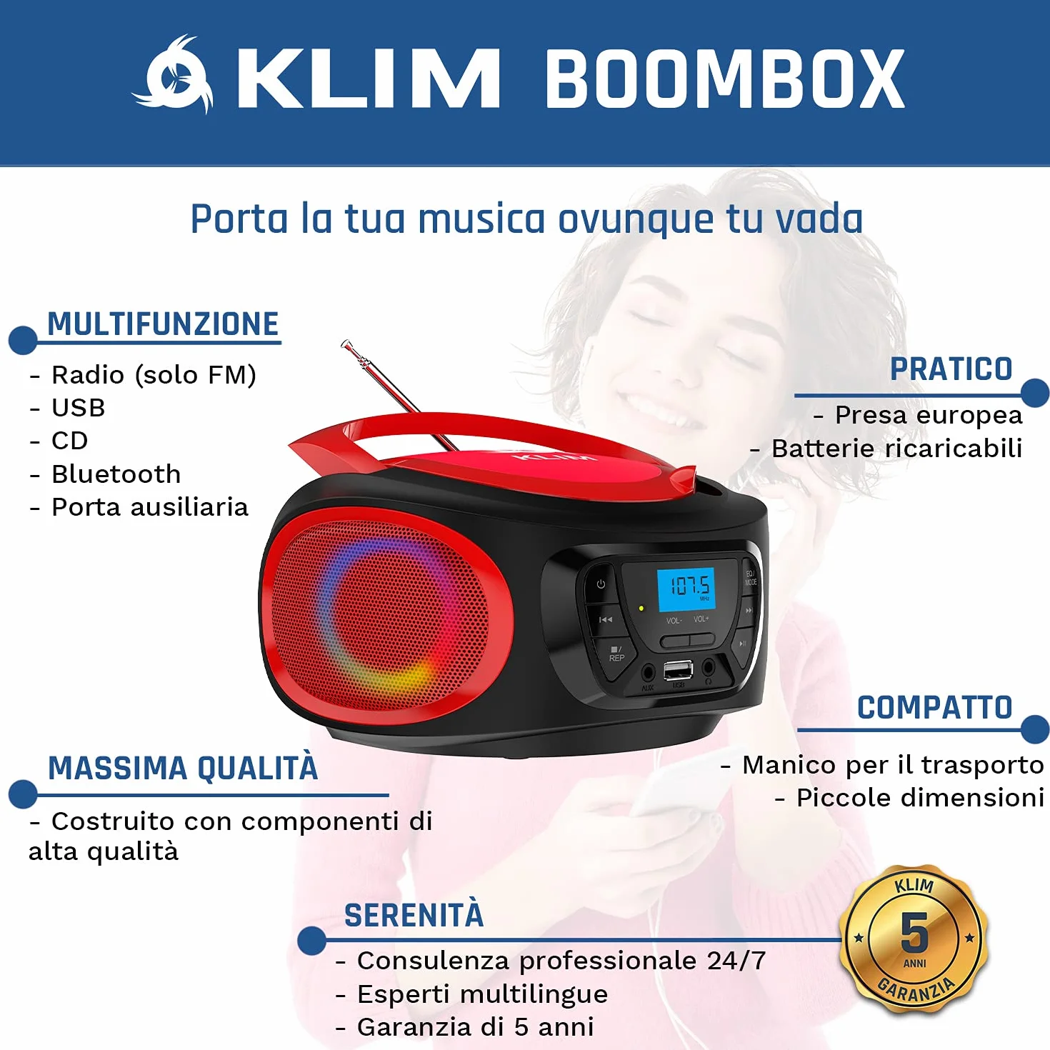 KLIM Boombox – Stereo Portatile Radio portatile FM, lettore cd, Bluetooth, MP3, USB, AUX - Batterie ricaricabili incluse - Connessione AUX e Wireless - Compatto e robusto - NOVITÀ - Rosso