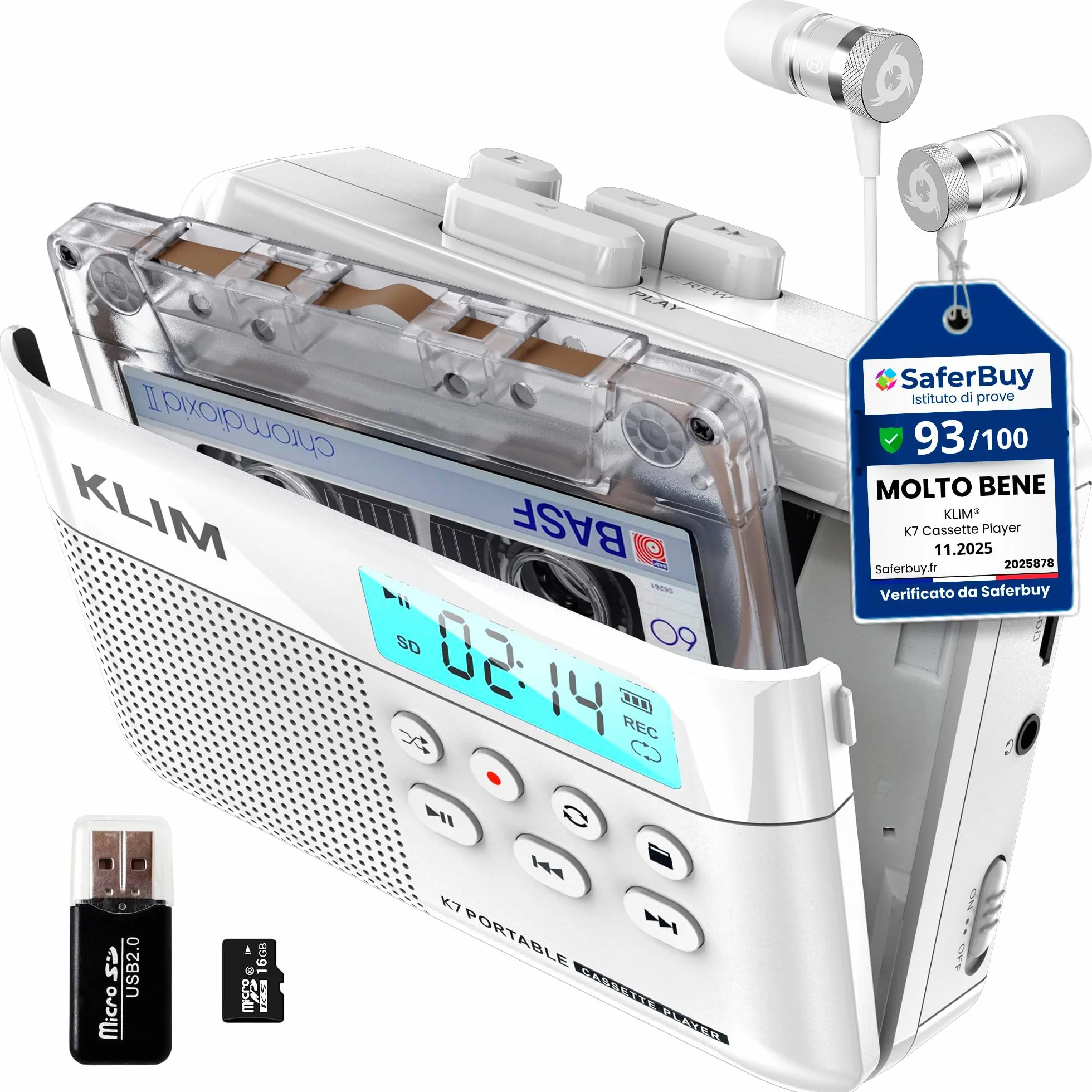 K7 Cassette Player Convertitore Cassette MP3 Lettore Audio Portatile Microfono Altoparlante Incorporati Batteria Ricaricabile Scheda SD 16 GB Bianco